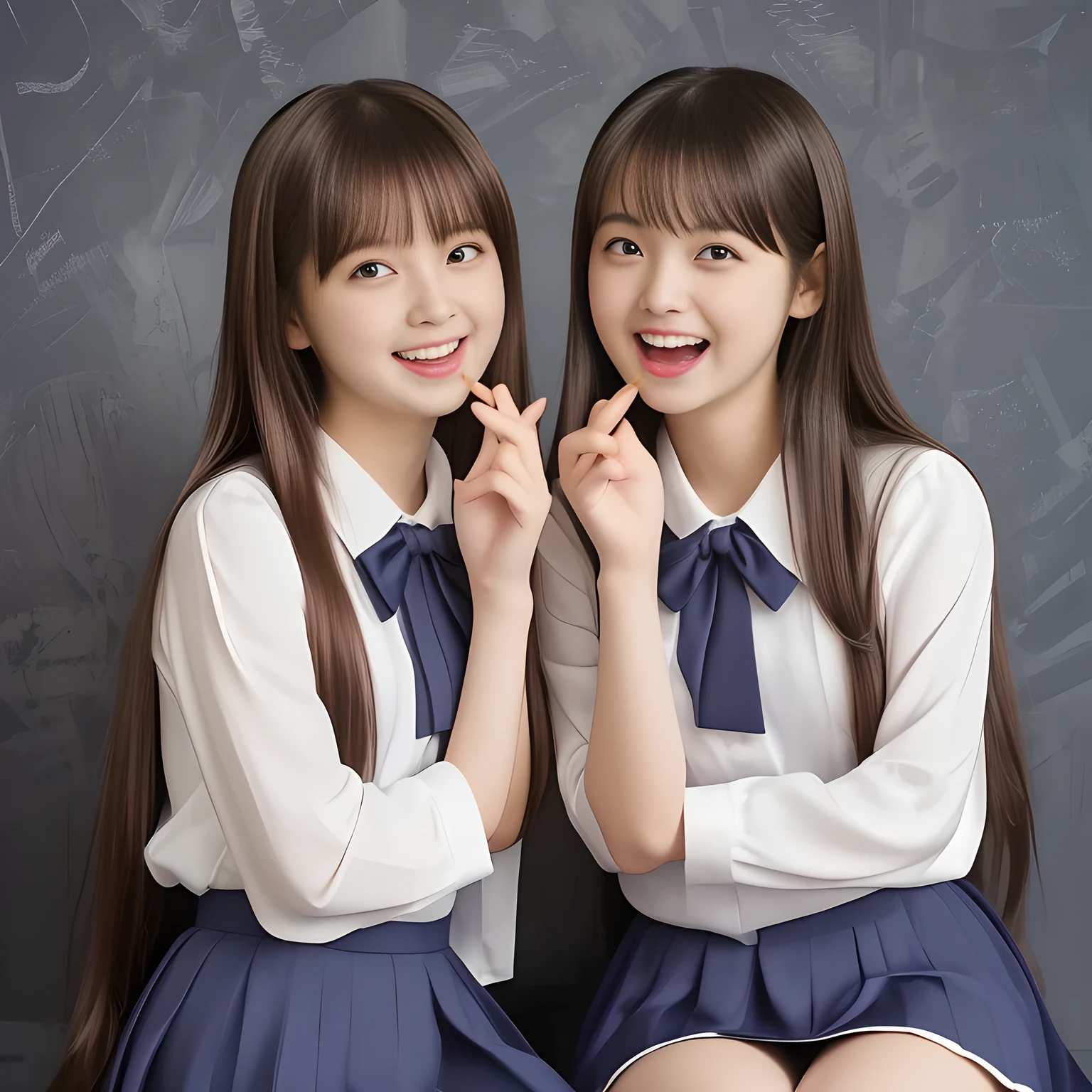 (Highest quality, masterpiece:1.2), Highest quality, High resolution, 1080P, 8k, height: 150cm, (Two 14yo Japanese beautiful girl idols are seated and giving strong subliminal sexual invitation and temptation, cute skirt with beautiful knees, looking at the viewer, can't stop showing cute smile open mouth because of feeling too funny about the viewer, very white-white face, very proud of her long straight black hair, using face-whitening cosmetics, 14yo girl's eyes, opened laughing giggling most open mouth, too expensive luxurious glossy too-much-girly erotic frilled ivory silk blouse, polyester dark-navy school-skirt and bewitching ribbon on the breast, well-straitened super-super-long well-trimmed long hair, evenly neatly trimmed girly cute bangs: 1.5), (white thighs and knees: 1.7), (Well-balanced, impressive, lovely, drooping, double-eyelids, black shining large prominent eyes of 14yo idol with detailed: 1.5), ((Beautiful well-figured glossy opened laughing lips: 1.2)), (mature breast), (The viewer can't stop madly kissing them because of her beauty and subliminal strong invitation), (Very beautiful, super-glossy, cute neat black amazingly long hair, straight well-done long hair-style: 1.3), (plain blue background: 1.6), (((Completely balanced beautiful big big eyes, looking at me))), (eyes, face and hair are especially beautifully detailed and beautifully drawn: 1.5),  (The soft white light clearly shows her face extremely white: 1.2), (Feel too luxurious and expensive), (School uniform, too-cute slender 14yo super-long-hair Japanese beautiful-young-girl idol twins are laughing and licking the other's hand each other with super-wide open open laughing mouth like eating the viewer, everything is girly, neat and too beautiful: 1.6), (Super long hair 14yo super-cute school-uniform idol of pure-pure idol magazine's cover girl in 2003 in Japan: 2.1)