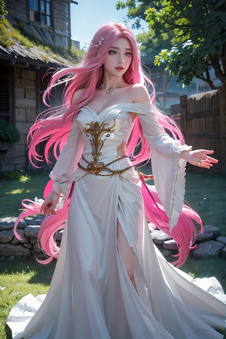 a woman with long flowing pink hair, beautiful detailed eyes, beautiful detailed lips, beautiful detailed face, long eyelashes, serene expression, gazing at the horizon, vibrant green eyes, air of purity and tranquility, small smile, hair blowing in the wind, dark and light flowing clothing, cinematic lighting, highly detailed, photorealistic, masterpiece, 8k, hyper detailed, full body, dress dark