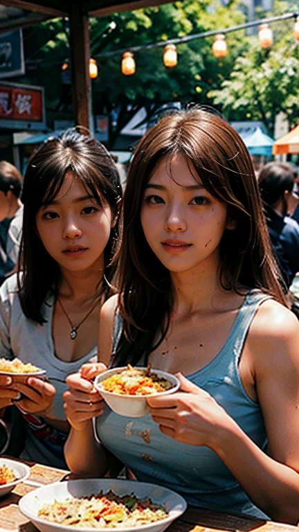 woman, several people having fun with each other while having very detailed ,  Sex, (Complex:1.3), ( lens flare :0.6), ( Backlight :0.8), (bloom:0.8), canteen,I'm eating gyoza,Fried rice and beer mug smile on the table, Brown Hair,  very long hair, accurate,  high definition model ,  High Details,  best quality, chest,  open your mouth ,  eyes sparkle, 