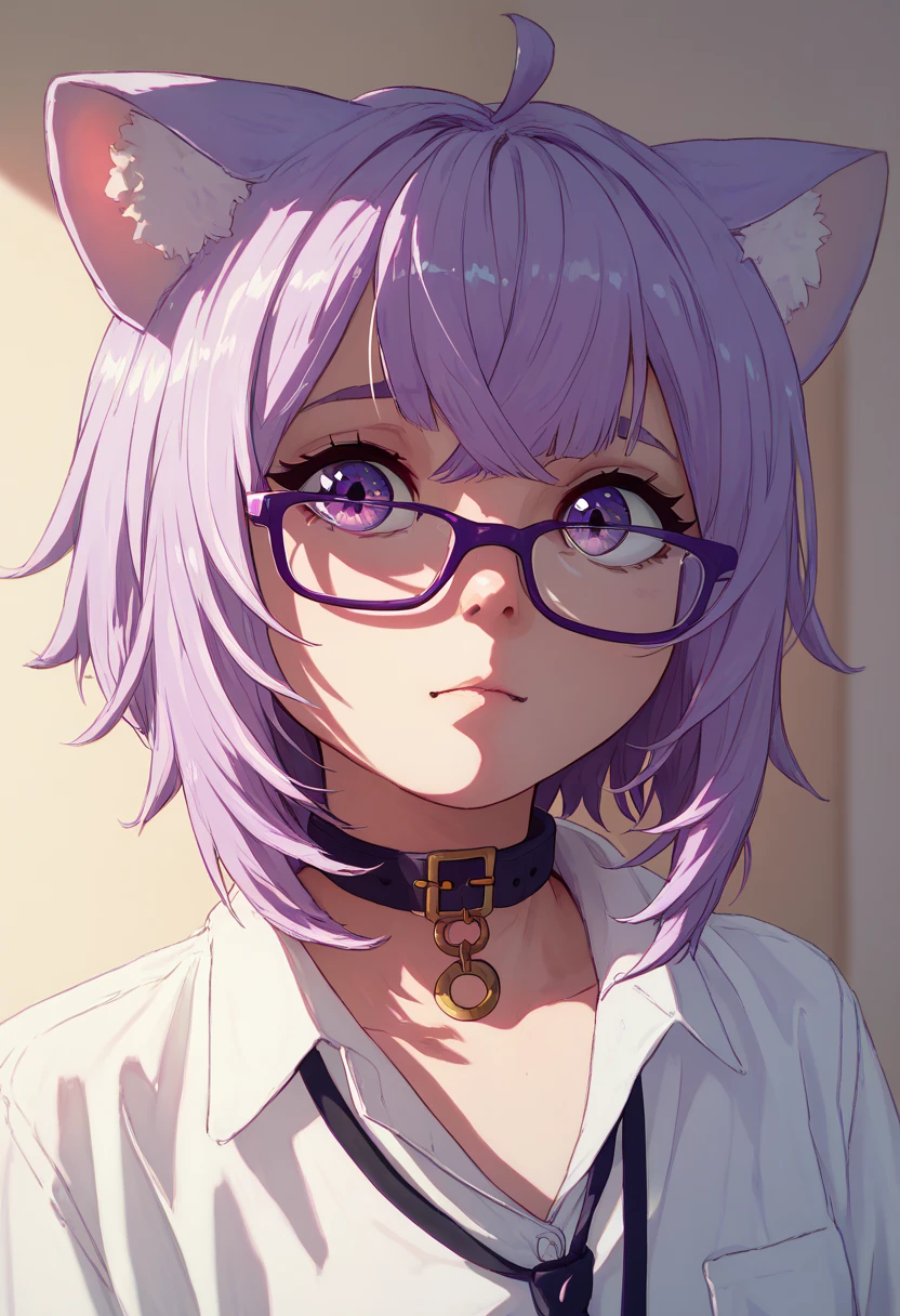 nekomata okayu, nekomata okayu oversized shirt, white shirt, collar, glasses, purple framed eyewear