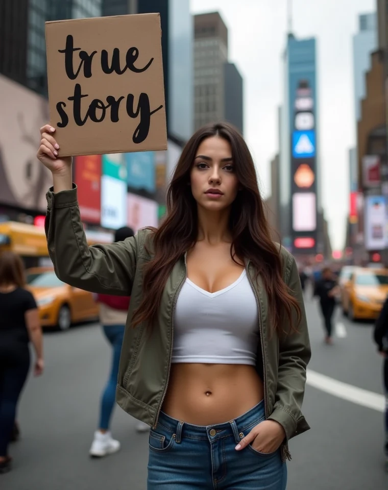 Ultra-detailed, high-resolution image of a beautiful girl, with feminine curves, wearing casual clothes, jeans hot pants. she holds a sign in the air where is written "true story" her curves elegantly visible. Her outfit combines urban edge with a subtle sensuality, creating a modern, confident look. She has a captivating expression, with soft, alluring eyes and a natural beauty that shines through. She stands in the trafic in front of the times square, it has to look fresh, with a relaxed, casual vibe and realistic lighting, capturing her effortless style and presence.