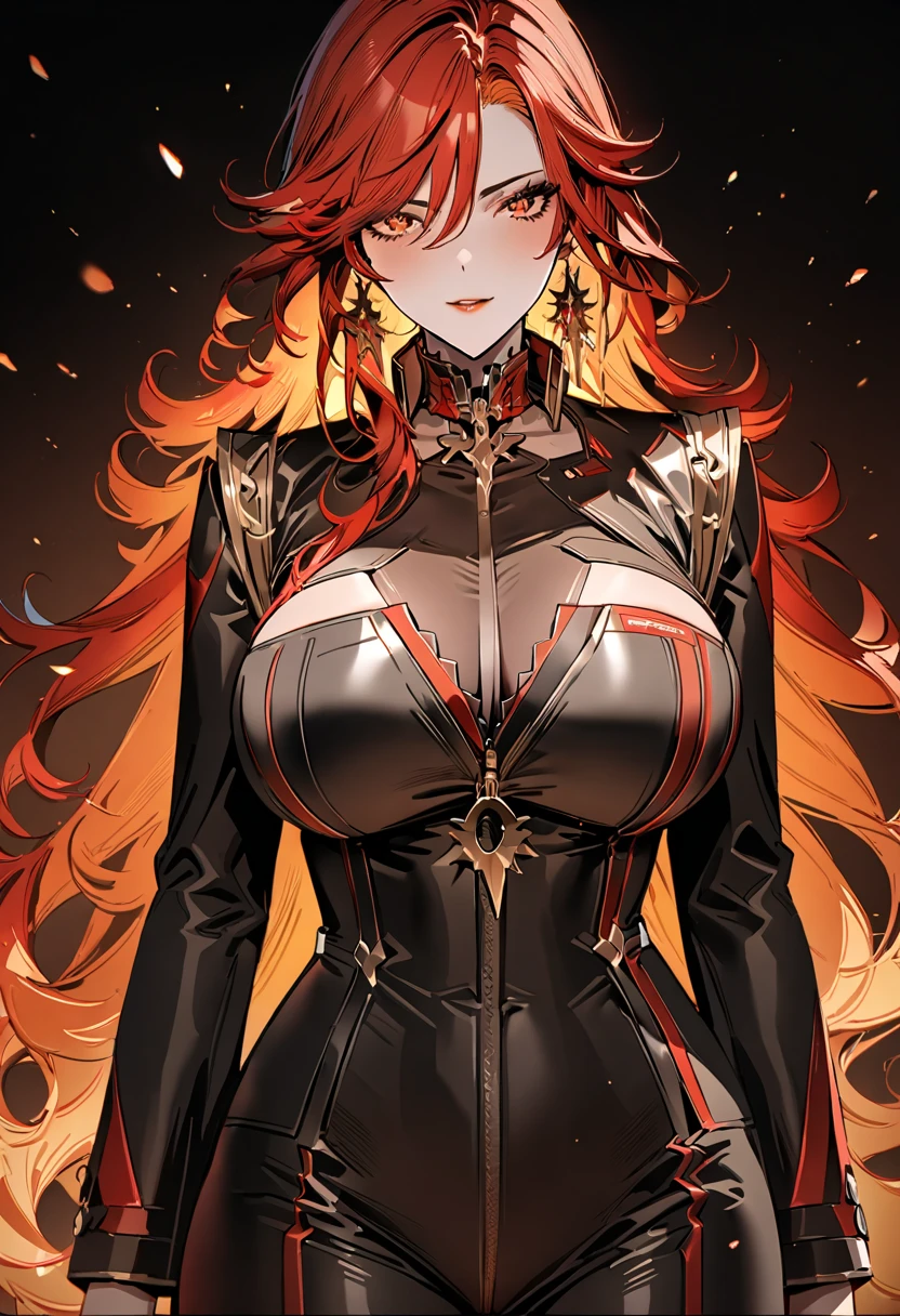 (masterpiece), (detailed anime style), (super detailed), (perfect work), (4k), you are suffering, lovely, Madura, slim fit business clothes, red hair, Very big breasts, I will trace the great, 