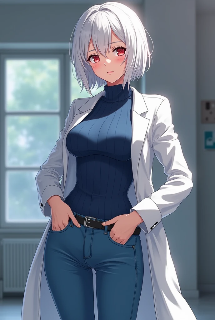 White jacket,Blue Pants,Small breasts,Short bob cut hair,Skimpy clothing,Silver Hair,White eyes,Smiling expression,whole body,Upright posture,Around age 30,Adult atmosphere,