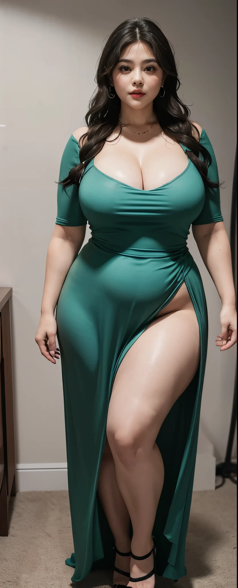araffe woman in a green dress, magical outdoor location, lorena avarez, perfect body, green eyes, in a green dress, sexy green dress with massive slit in the centre revealing sexy legs, wearing a longv green dress, wearing a long green dress, tight dress, curvy hourglass figure, woman wears a long green dress, curvy model, long green dress, irina nordsol kuzmina, profile pic, curvy figure, huge breasts, tall, sexy pose.