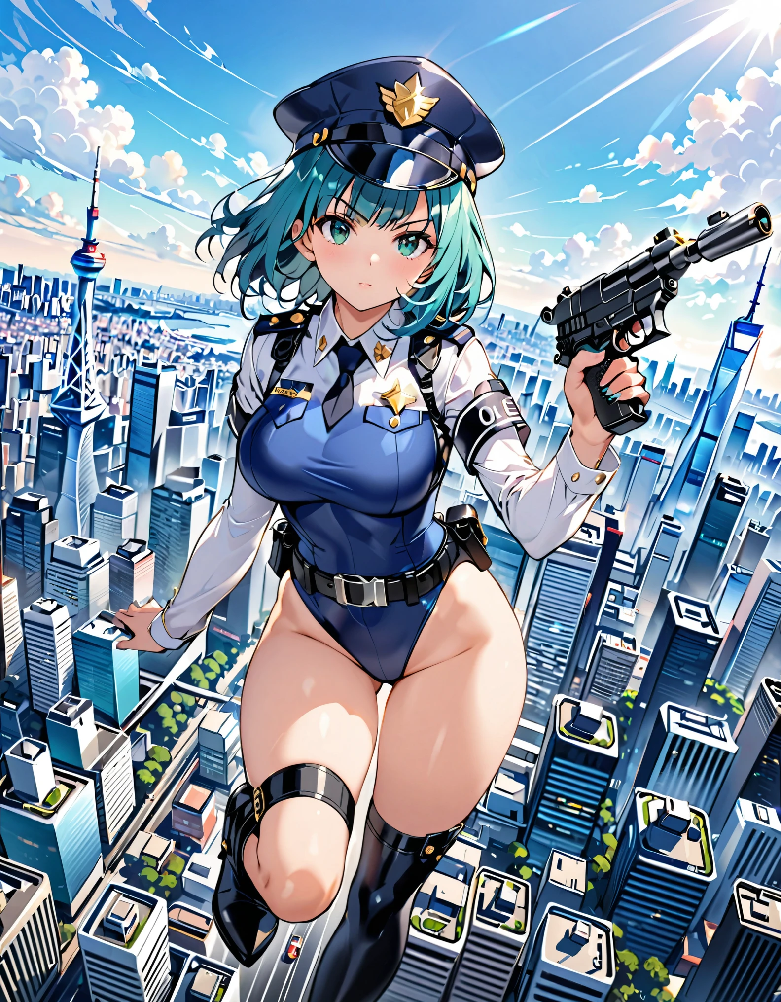 (masterpiece), (best quality), (high res),1girl, tall body, teal hair, medium hair, long bangs, green eyes, beautiful detailed eyes, beautiful detailed face, cute face, perfect hands, complete fingers, perfect anatomy, perfect proportions, ((hat, dark blue police hat)), ((leotard, matching leotard, bare legs)), ((boots, matching boots)), breasts, medium breasts, fingerless gloves, (full body portrait), solo, solo focus, dynamic flying pose, flying over the city, she is flying over the skies, serious expression, looking away, police uniform, tokyo skyline backdrop, outdoors, daytime (high waisted belt, tight belt), (armbands, long white sleeves), using a Blastech DL-44 Heavy Blaster Pistol, full body costume design, dutch angle, sfw