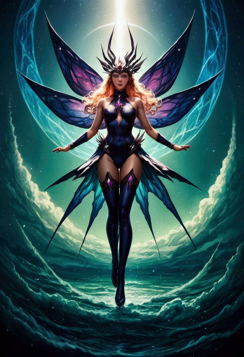 (trippy art:1.5)(fully body photo:1.0)from the above(wide wide shot:1.0),1 plump girl,Latex clothing,the Flower Fairy, Transparent colorful wings, Magic wand,flatchest,Caucasians,Muscle tissue,muscle shaping,Muscle tissue