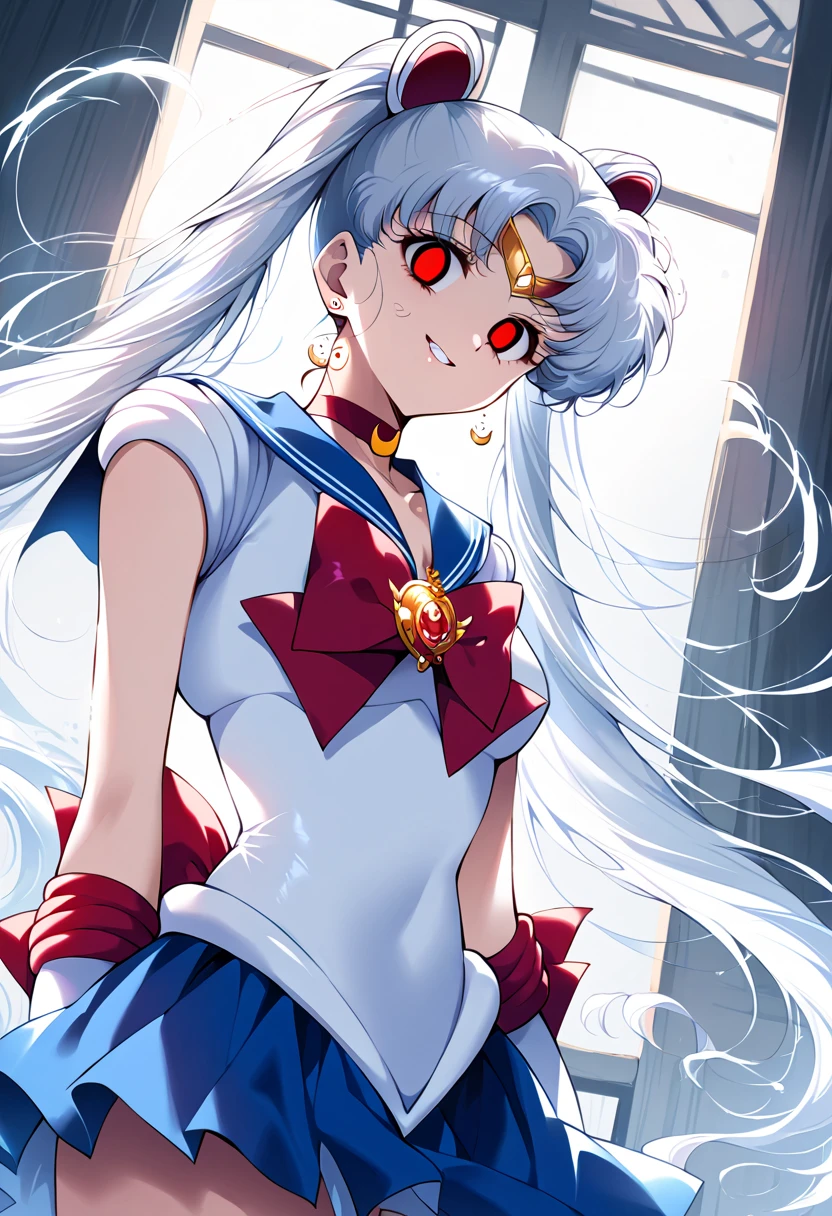 (masterpiece, Highest quality, so beautiful, Super detailed), Intricate details, 12k, Honestly, Long Hair, Double Bang, Twin tails, Parted bangs, tiara, Earrings, red eyes, Red choker, Blue sailor collar, Red Bow, White shirt, Elbow hand pockets, White gloves, Blue Skirt, Are standing, Cowboy Shot,,(evil smile:1.2), 1girl,(Silver Hair:1.4),(empty eyes,:1.4),from below,looking dawn,dark aura,View your viewers