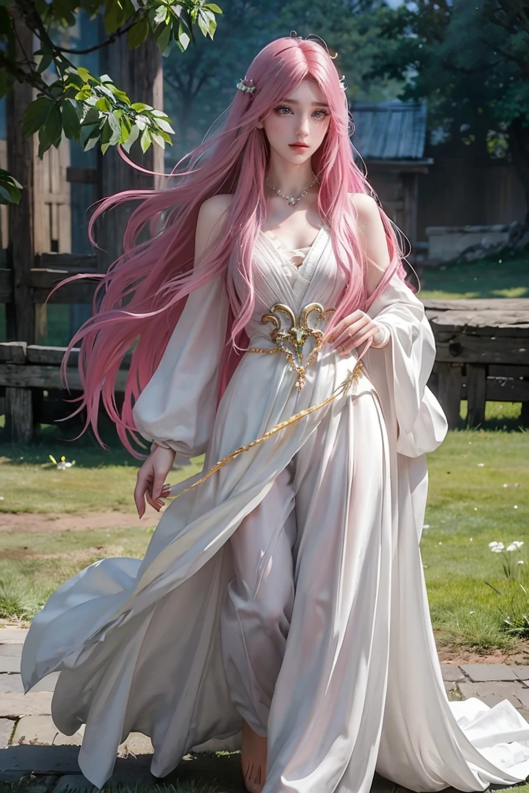 a woman with long flowing pink hair, beautiful detailed eyes, beautiful detailed lips, beautiful detailed face, long eyelashes, serene expression, gazing at the horizon, vibrant green eyes, air of purity and tranquility, small smile, hair blowing in the wind, dark and light flowing clothing, cinematic lighting, highly detailed, photorealistic, masterpiece, 8k, hyper detailed, full body, dress dark