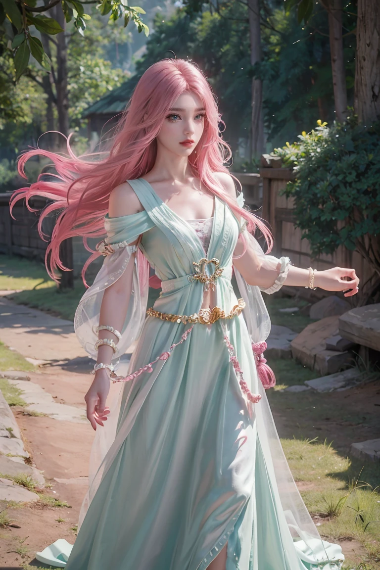 a woman with long flowing pink hair, beautiful detailed eyes, beautiful detailed lips, beautiful detailed face, long eyelashes, serene expression, gazing at the horizon, vibrant green eyes, air of purity and tranquility, small smile, hair blowing in the wind, dark and light flowing clothing, cinematic lighting, highly detailed, photorealistic, masterpiece, 8k, hyper detailed, full body, dress dark