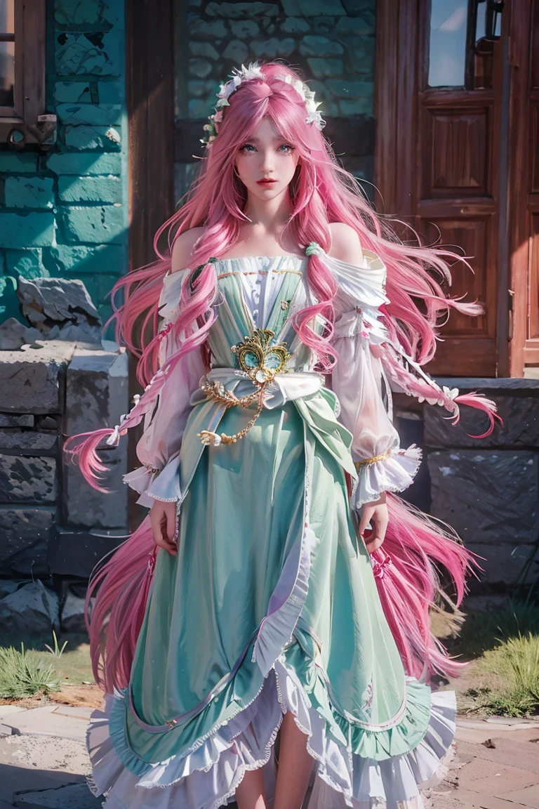 a woman with long flowing pink hair, beautiful detailed eyes, beautiful detailed lips, beautiful detailed face, long eyelashes, serene expression, gazing at the horizon, vibrant green eyes, air of purity and tranquility, small smile, hair blowing in the wind, dark and light flowing clothing, cinematic lighting, highly detailed, photorealistic, masterpiece, 8k, hyper detailed, full body, dress dark