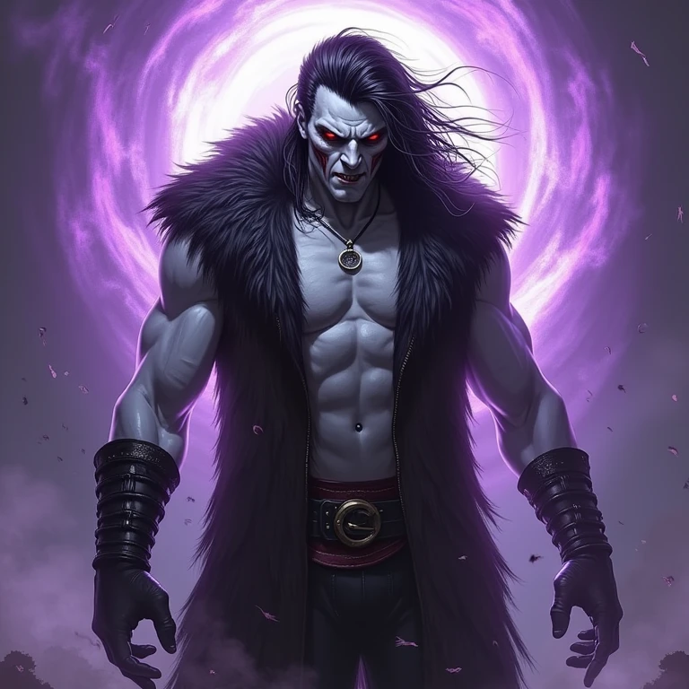 Tall guy, long black hair, blue eyes, muscles, sharp teeth, fierce scream, masterpiece, high quality