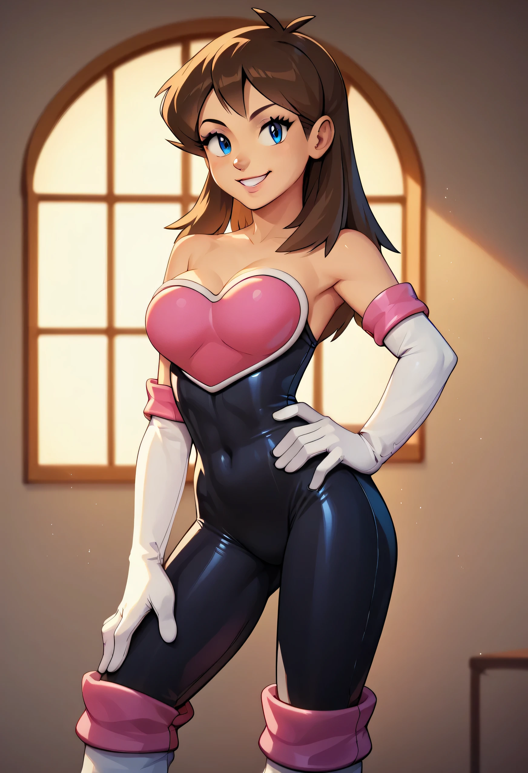 score 9, score 8 up, score 7 up, detailed background, green, 1girl, solo, long brown hair, blue eyes, smile, medium breast, looking at viewers, rougecosplay, bodysuit, elbow gloves, knee boots, bare shoulders, white gloves, right hand on hip, left hand on knee, standing up, cowboy shot, smile, bedroom background, window at night, best quality, sexy pose, a teenager, PokemonStyle, pokemon \(anime\