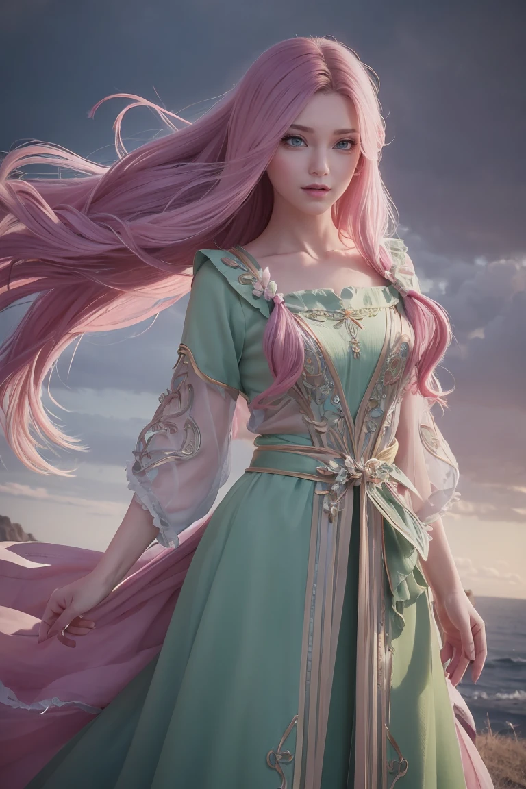 a woman with long flowing pink hair, beautiful detailed eyes, beautiful detailed lips, beautiful detailed face, long eyelashes, serene expression, gazing at the horizon, vibrant green eyes, air of purity and tranquility, small smile, hair blowing in the wind, dark and light flowing clothing, cinematic lighting, highly detailed, photorealistic, masterpiece, 8k, hyper detailed, full body, dress dark