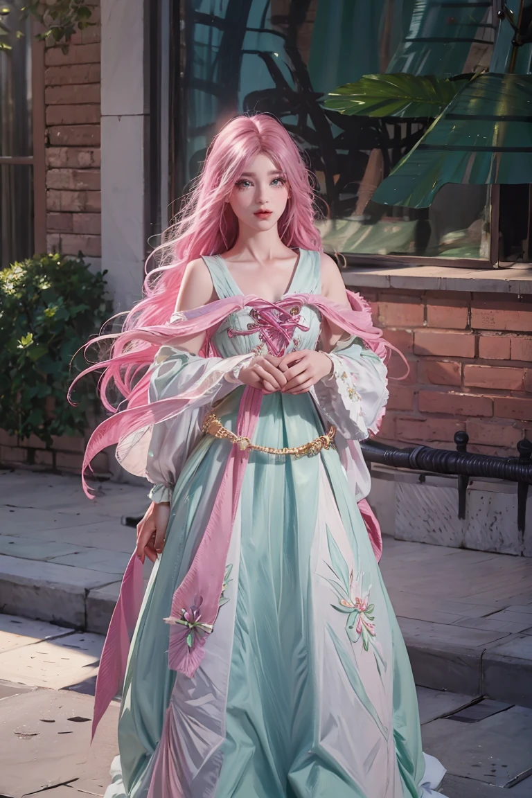 a woman with long flowing pink hair, beautiful detailed eyes, beautiful detailed lips, beautiful detailed face, long eyelashes, serene expression, gazing at the horizon, vibrant green eyes, air of purity and tranquility, small smile, hair blowing in the wind, dark and light flowing clothing, cinematic lighting, highly detailed, photorealistic, masterpiece, 8k, hyper detailed, full body, dress dark