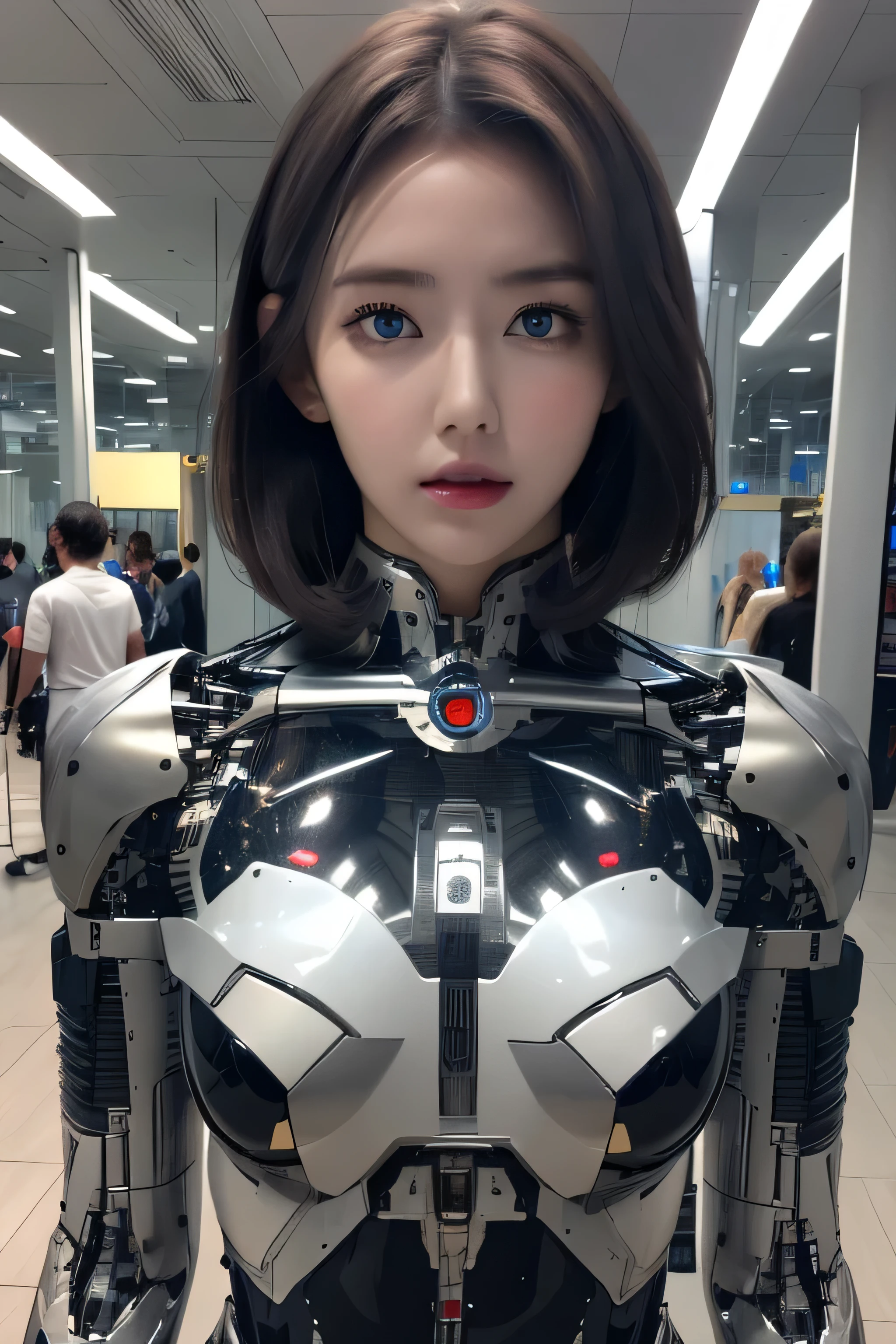 masterpiece, best quality, extremely detailed,  Japaese android girl,Plump , control panels,android,Droid,Mechanical Hand, Robot arms and legs, Black Robot Parts,Black hair,Mechanical body,Blunt bangs,White robotics parts,perfect robot girl,future information counter,reception,long tube,thick cable connected her neck,ceramic body ,mechanical body,mechanical costume,android,robot,humanoid,cyborg,information office,japanese android receptionist ,mechanical chest,blue eyes,