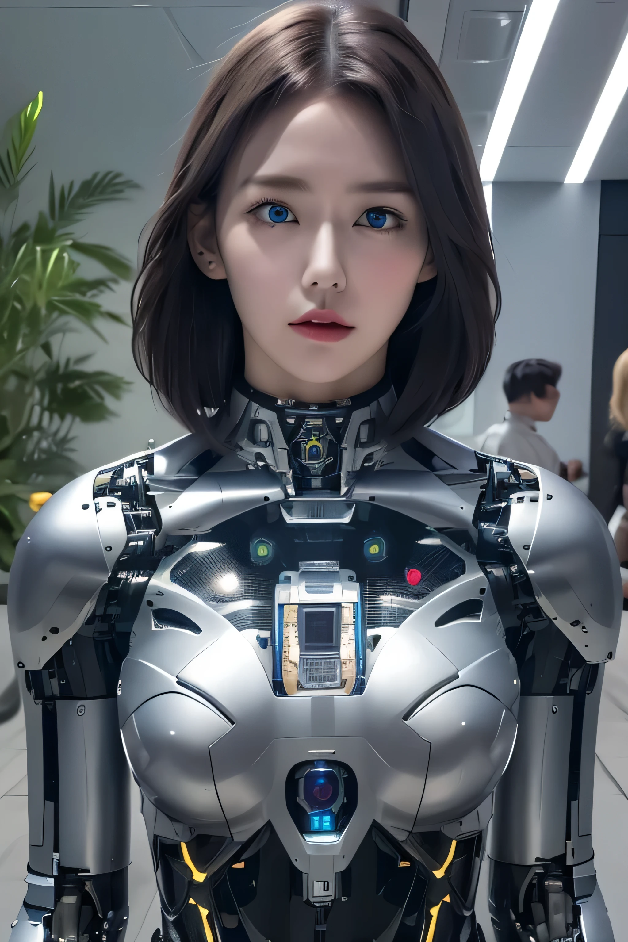 masterpiece, best quality, extremely detailed,  Japaese android girl,Plump , control panels,android,Droid,Mechanical Hand, Robot arms and legs, Black Robot Parts,Black hair,Mechanical body,Blunt bangs,White robotics parts,perfect robot girl,future information counter,reception,long tube,thick cable connected her neck,ceramic body ,mechanical body,mechanical costume,android,robot,humanoid,cyborg,information office,japanese android receptionist ,mechanical chest,blue eyes,