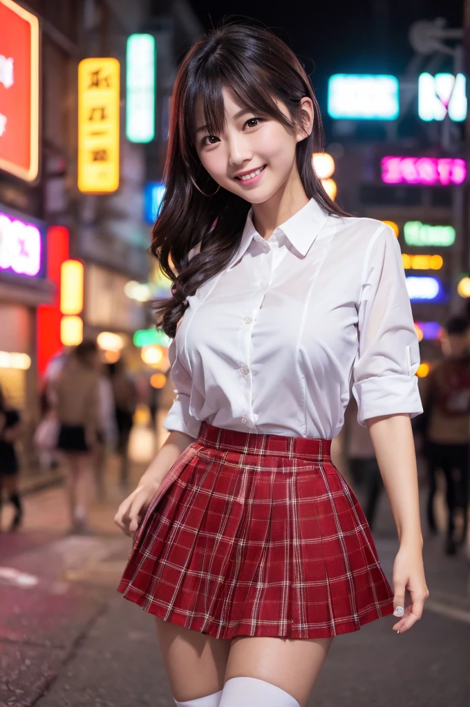 best quality, 8k, very delicate and beautiful, highly detailed face and skin texture, shiny skin, high resolution, huge tits sexy japanese girl in white shirt and short plaid skirt walking on a street at night with huge smile, under neon light, sharp focus