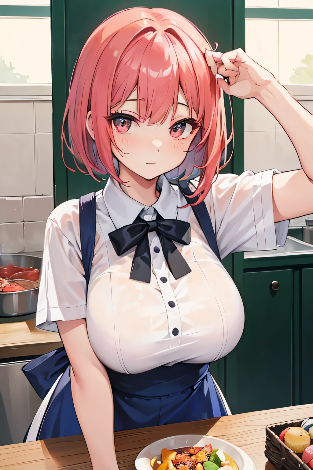 Ikuyo Kita、Bocchi The Rock!、table top、High resolution、many girls multiple girls、large crowd、lots of cute girls、big and full breasts、naughty body、See-through、throw、、whole body、Are standing、Look up at me、confused face、blush、black pantyhose、female shape'Private parts are clearly visible、I can see your nipples、white shirt、navy check skirt、micro mini skirt、very short skirt、Department store、shop、Many people々、in the crowd、bare chest、show your chest、from below、Low - Angle、while holding the tray、place the chest on the tray、Upper grade、A lot of milk comes out from the nipples、Breast milk gushes from the nipple、cat ears maid clothes、Blue gingham check maid uniform、cup with 、Breast milk drips from the nipple、Breasts wet with breast milk、The shape of a woman's private parts is clearly visible、view from a distance、calf、put your index finger to your mouth