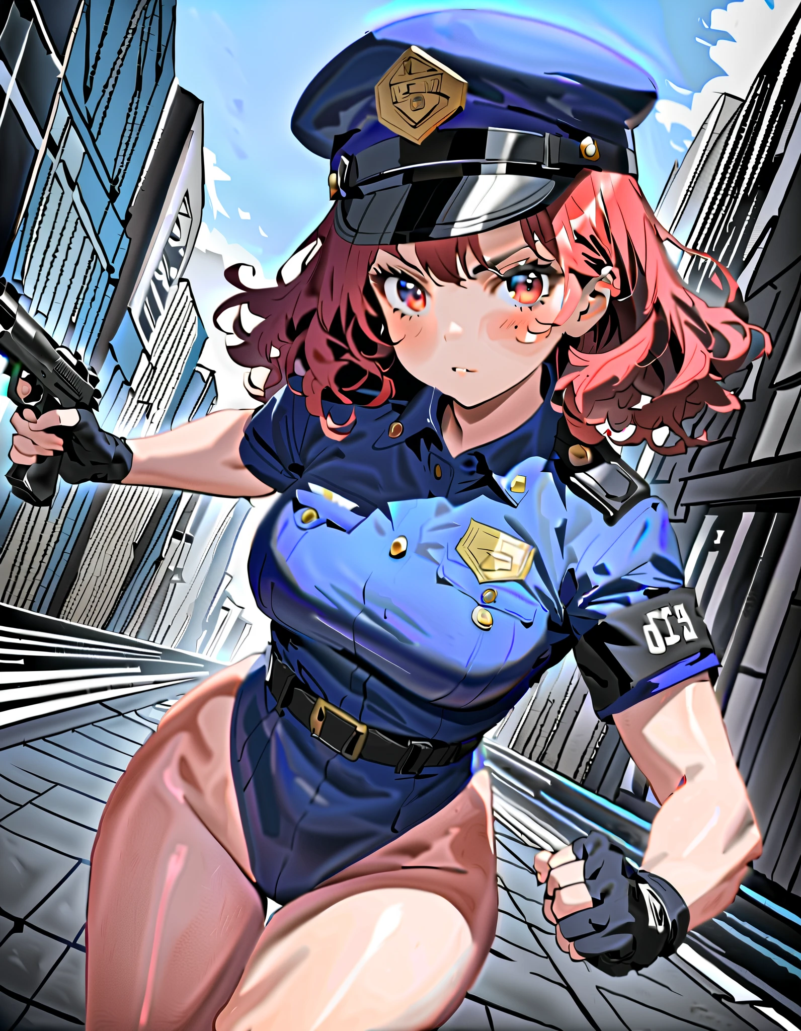 (masterpiece), (best quality), (high res),1girl, tall body, red hair, short hair, wavy hair, amber eyes, beautiful detailed eyes, beautiful detailed face, cute face, perfect hands, complete fingers, perfect anatomy, perfect proportions, ((hat, dark blue police hat)), ((leotard, matching leotard, bare legs)), ((boots, knee boots, matching boots)), breasts, medium breasts, fingerless gloves, (full body portrait), solo, solo focus, running, dynamic running pose, running at super speed, speed lines, speed force, serious expression, looking away, police uniform, tokyo street backdrop, outdoors, daytime (high waisted belt, tight belt), (armbands, long white sleeves), (using a pistol, Blastech DL-44 Heavy Blaster Pistol), full body costume design, dutch angle, sfw