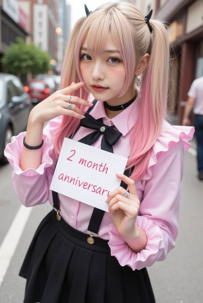 1girl,gal,makeup,portrait photo,(She happy on the street and holds a sign that reads "2 month anniversary".),leaning forward,looking at viewer,(golden,pink hair, two-tone hair),long hair, two side up,black bow,Blue eyes,jirai kei,(cross-laced clothes,pink shirt,long sleeves,frilled sleeves),frill,black bowtie,black skirt,heart brooch,heart earrings,ring,nail polish,pink nails,black nails,black choker,best quality,masterpiece,photorealistic