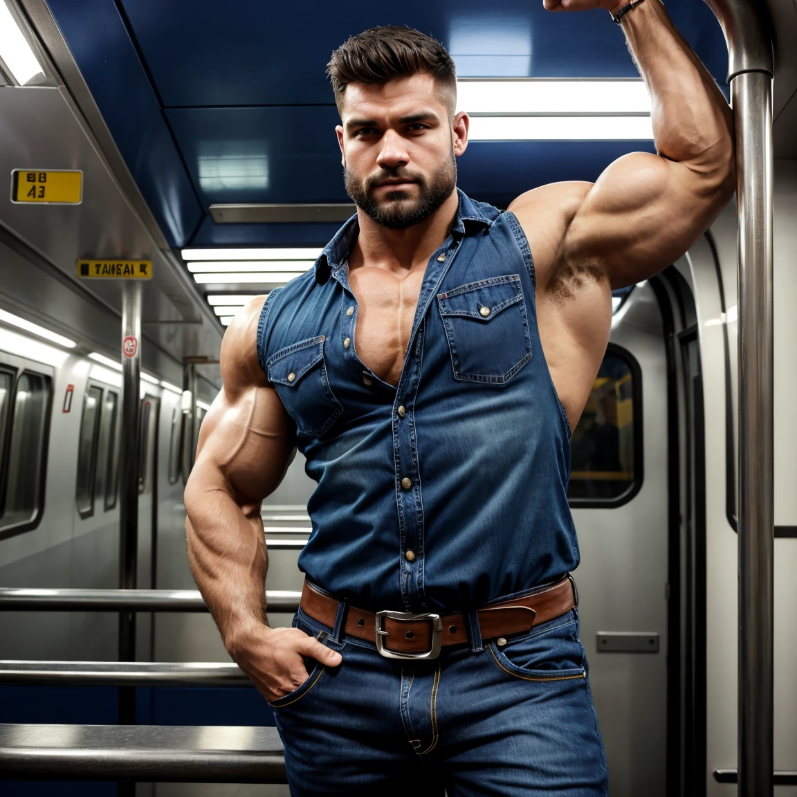 Realistic Handsome perfect face look tall 40 years old beared spiky hairstyle indian man with Pain is raging on the face, screaming with pain and making aggressive face expressions with eyes closed, the head is tilted back standing in metro train with his spread legs with business suit, full body, head to toe, formal shoes, gigachad muscular, strong and imposing, macho pose, chest legs, very beautiful. big muscles, full subject shown in photo, large muscles, exaggeratedly large physique, beefcake pose, realistic, best quality, masterpiece, 8K, HD, indian masculine, very muscular, tanned skin, stylish hair, glasses on top of head, tight business suit, ((shirtspread)), big bubble butt, looking directly at camera, very seductive expression, sexy, god rays, soft lighting, dynamic shadows, sharp focus, perfection, no watermark, His perfect( big huge penis) is (coming out) of his pant,masterpieces, seductive, exotic, erotic penis