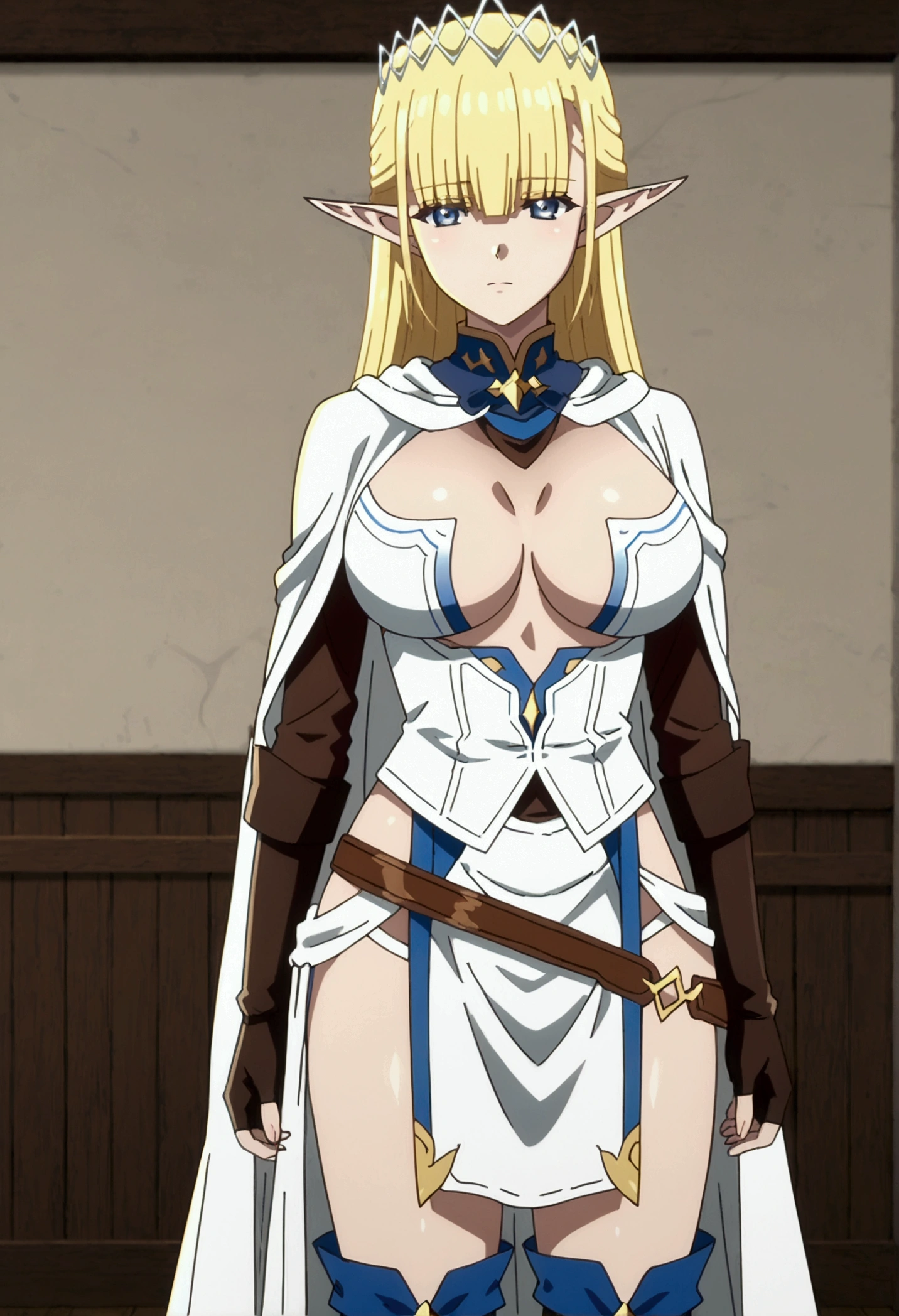 Seras Ashrain, 1girl, , blonde hair, solo, long hair, blue eyes, large breasts, blunt bangs,tiara, anime screencap, anime coloring, elf, pointy ears, white cape, white dress, blue collar, clothing cutout, large breasts, fingerless gloves, black gloves, brown belt, pelvic curtain, thigh boots, black footwear, stand, Confident pose, Room, Displeased face, Beautiful view, good atmosphere