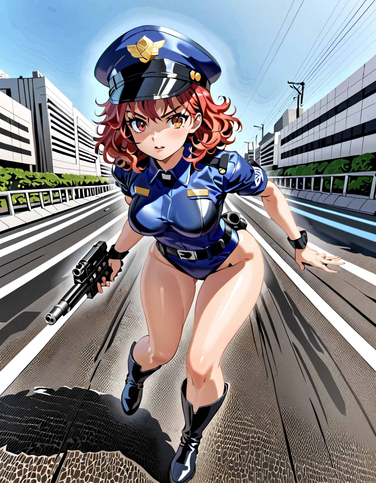 (masterpiece), (best quality), (high res),1girl, tall body, red hair, short hair, wavy hair, amber eyes, beautiful detailed eyes, beautiful detailed face, cute face, perfect hands, complete fingers, perfect anatomy, perfect proportions, ((hat, dark blue police hat)), ((leotard, matching leotard, bare legs)), ((boots, knee boots, matching boots)), breasts, medium breasts, fingerless gloves, (full body portrait), solo, solo focus, running, dynamic running pose, running at super speed, speed lines, speed force, serious expression, looking away, police uniform, tokyo street backdrop, outdoors, daytime (high waisted belt, tight belt), (armbands, long white sleeves), (using a pistol, Blastech DL-44 Heavy Blaster Pistol), full body costume design, dutch angle, sfw