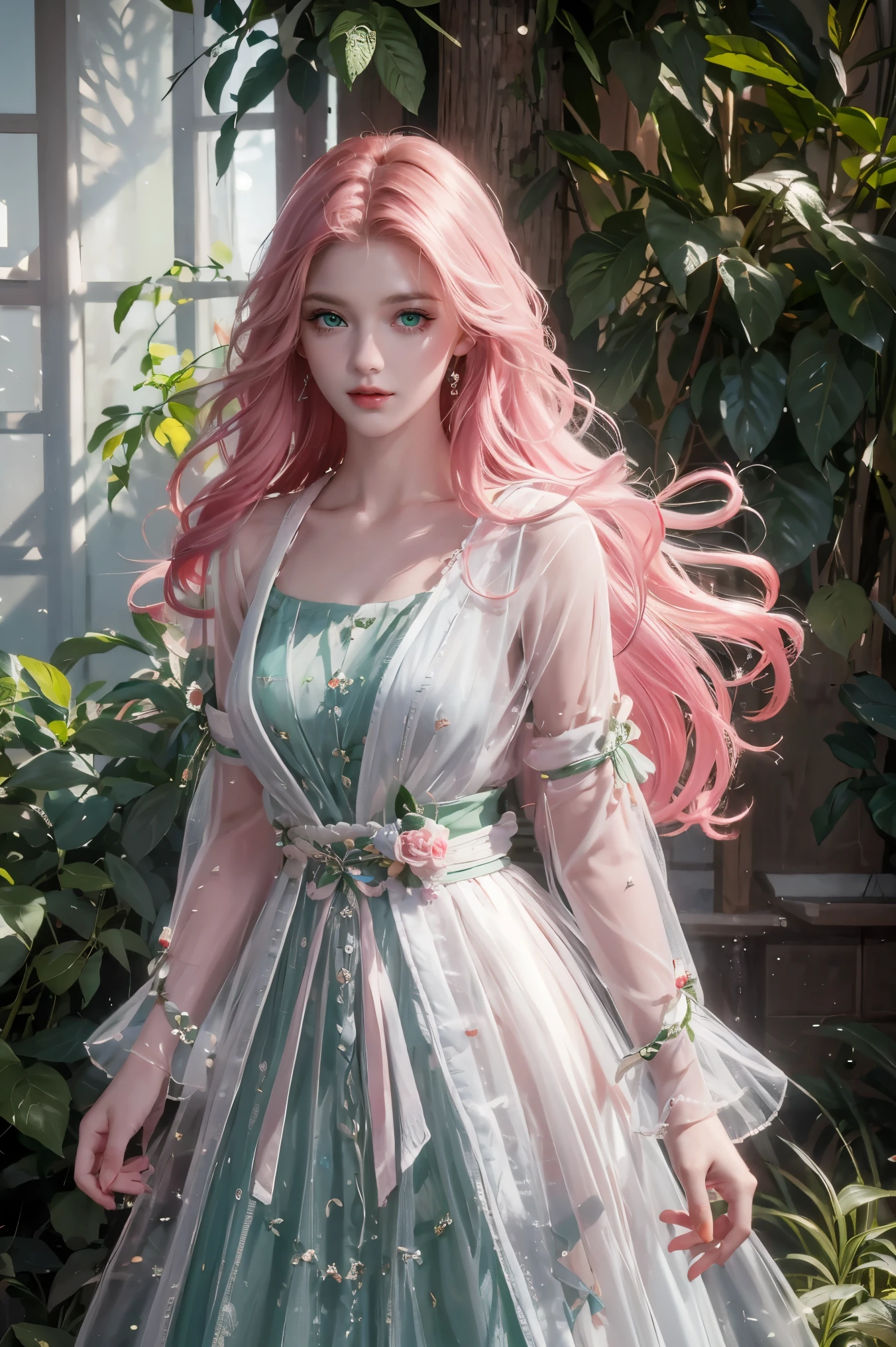 a woman with long flowing pink hair, beautiful detailed eyes, beautiful detailed lips, beautiful detailed face, long eyelashes, serene expression, gazing at the horizon, vibrant green eyes, air of purity and tranquility, small smile, hair blowing in the wind, dark and light flowing clothing, cinematic lighting, highly detailed, photorealistic, masterpiece, 8k, hyper detailed, full body, dress dark