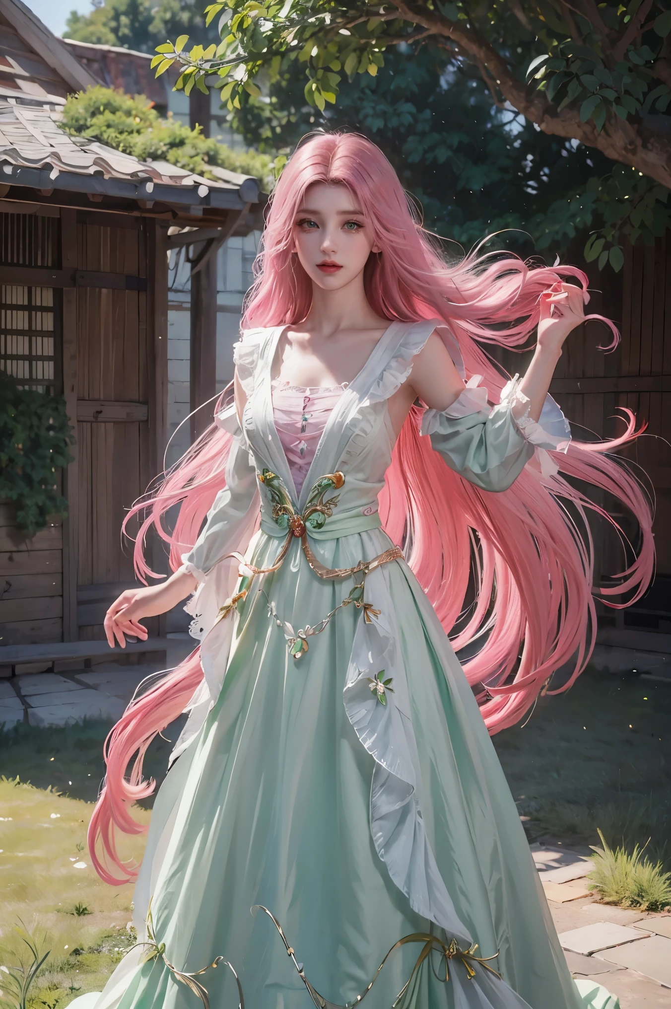 a woman with long flowing pink hair, beautiful detailed eyes, beautiful detailed lips, beautiful detailed face, long eyelashes, serene expression, gazing at the horizon, vibrant green eyes, air of purity and tranquility, small smile, hair blowing in the wind, dark and light flowing clothing, cinematic lighting, highly detailed, photorealistic, masterpiece, 8k, hyper detailed, full body, dress dark