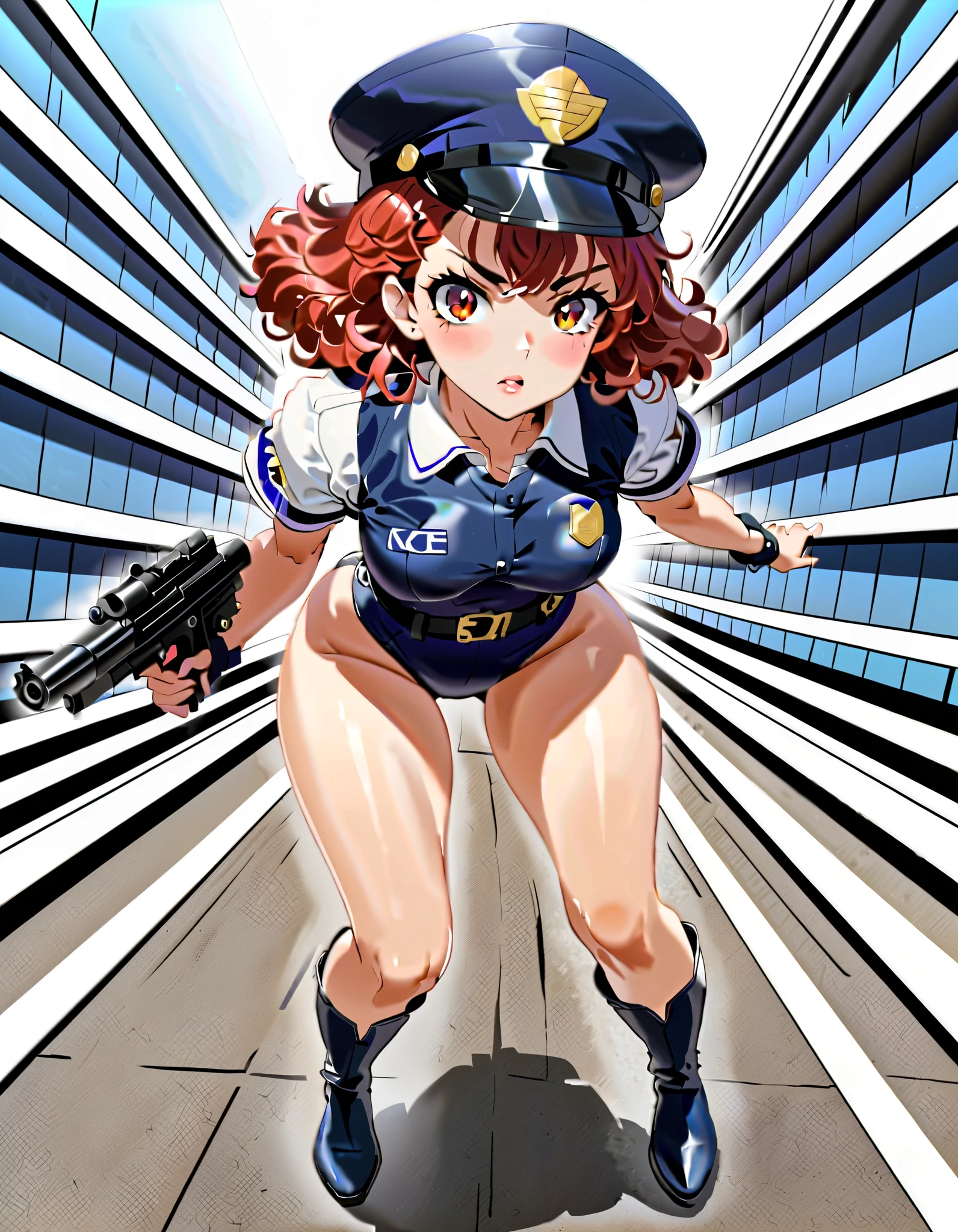 (masterpiece), (best quality), (high res),1girl, tall body, red hair, short hair, wavy hair, amber eyes, beautiful detailed eyes, beautiful detailed face, cute face, perfect hands, complete fingers, perfect anatomy, perfect proportions, ((hat, dark blue police hat)), ((leotard, matching leotard, bare legs)), ((boots, knee boots, matching boots)), breasts, medium breasts, fingerless gloves, (full body portrait), solo, solo focus, running, dynamic running pose, running at super speed, speed lines, speed force, serious expression, looking away, police uniform, tokyo street backdrop, outdoors, daytime (high waisted belt, tight belt), (armbands, long white sleeves), (using a pistol, Blastech DL-44 Heavy Blaster Pistol), full body costume design, dutch angle, sfw