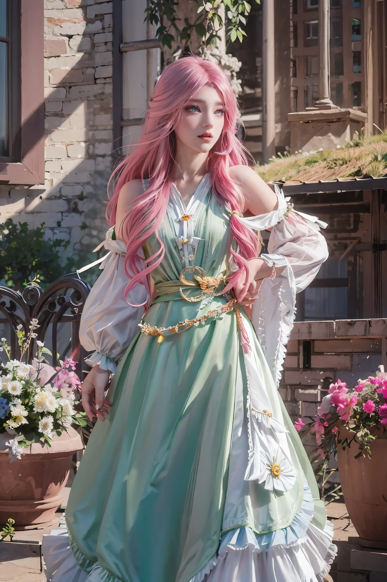 a woman with long flowing pink hair, beautiful detailed eyes, beautiful detailed lips, beautiful detailed face, long eyelashes, serene expression, gazing at the horizon, vibrant green eyes, air of purity and tranquility, small smile, hair blowing in the wind, dark and light flowing clothing, cinematic lighting, highly detailed, photorealistic, masterpiece, 8k, hyper detailed, full body, dress dark