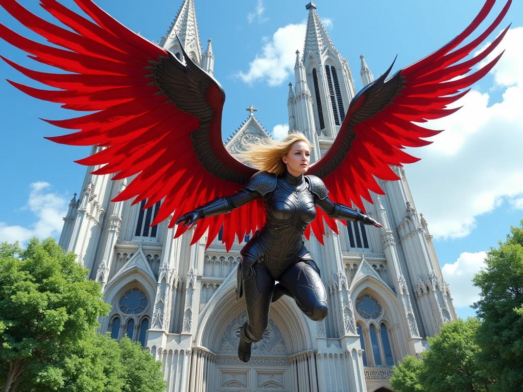 "Create a highly detailed fantasy illustration of a fierce and graceful warrior angel soaring in front of a massive, gothic-style cathedral. The angel has large, vibrant red wings with metallic edges, appearing both majestic and dangerous. She wears intricate dark armor that covers her entire body, designed with elegant curves and sharp angles, hinting at both beauty and strength. Her face shows determination, with blonde hair flowing back as she flies. The setting is a bright day with a clear blue sky, allowing the rich colors of her wings and the ornate structure of the cathedral to stand out. The surrounding greenery adds a natural contrast to the mystical, otherworldly figure. The artwork should capture the dynamic energy of her flight and the grandeur of the cathedral backdrop."