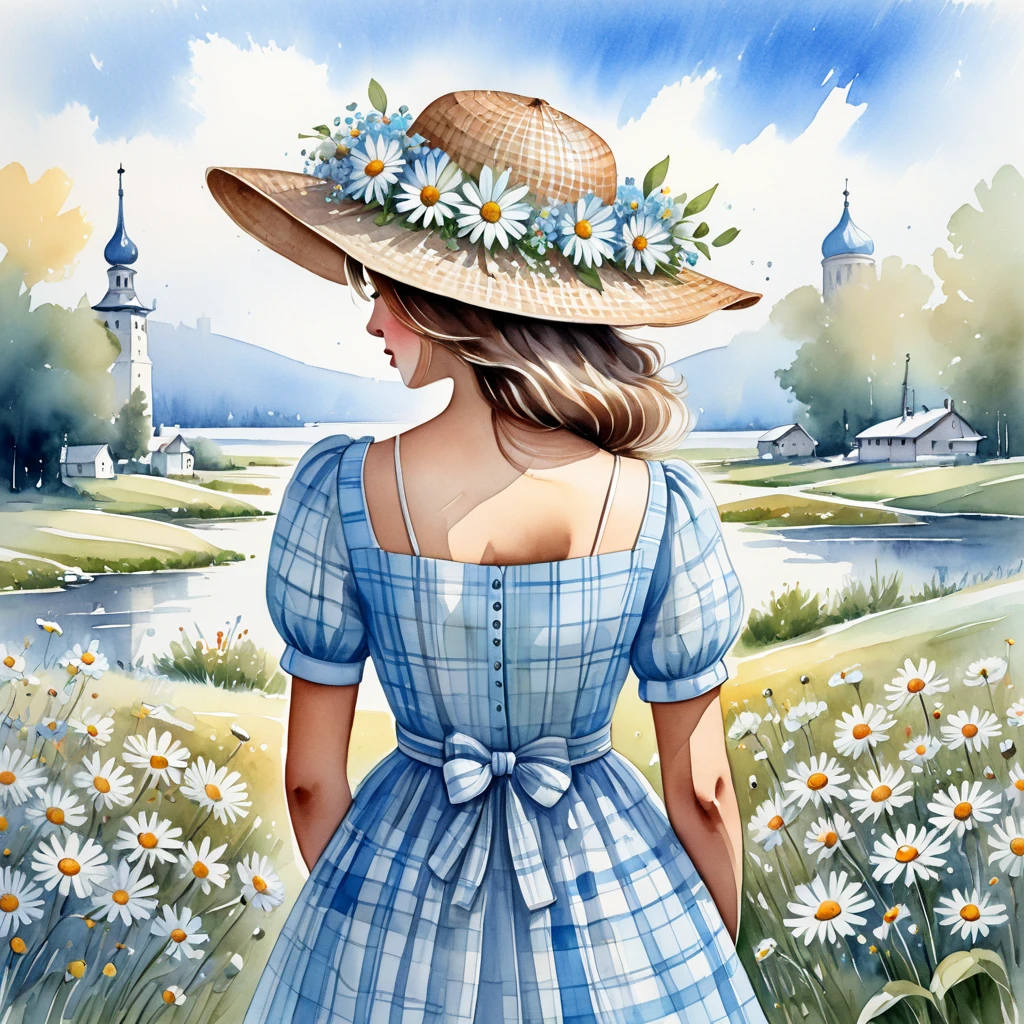 a watercolor illustration of The image shows a delicate illustration of a Russian woman viewed from the back.  She wears a light blue dress with a plaid print , with short sleeves and a bow at the back .  The woman holds a large bouquet of white daisies ,  that partially covers her face and body . In the head,  she wears a wide-brimmed straw hat with a black stripe .  The art style is light and soft , conveying a sense of tranquility and connection with nature.