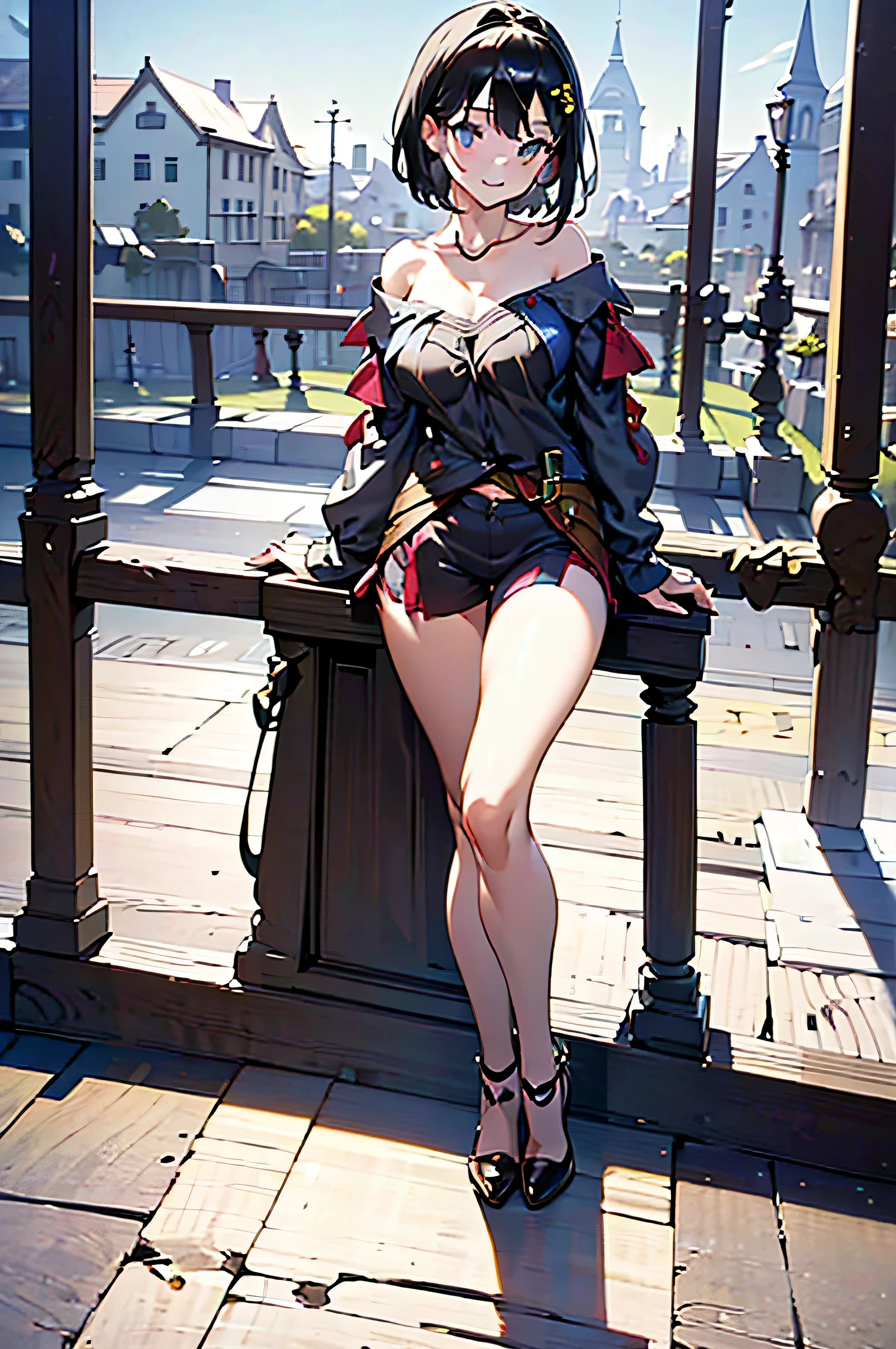 1girl, short black hair, large breast, smiling, ((black off-shoulder long sleeve, leaning on fence, full body)), absurdres, high res, ultrasharp, 8K, masterpiece:1.4, illustrations, studio lighting
