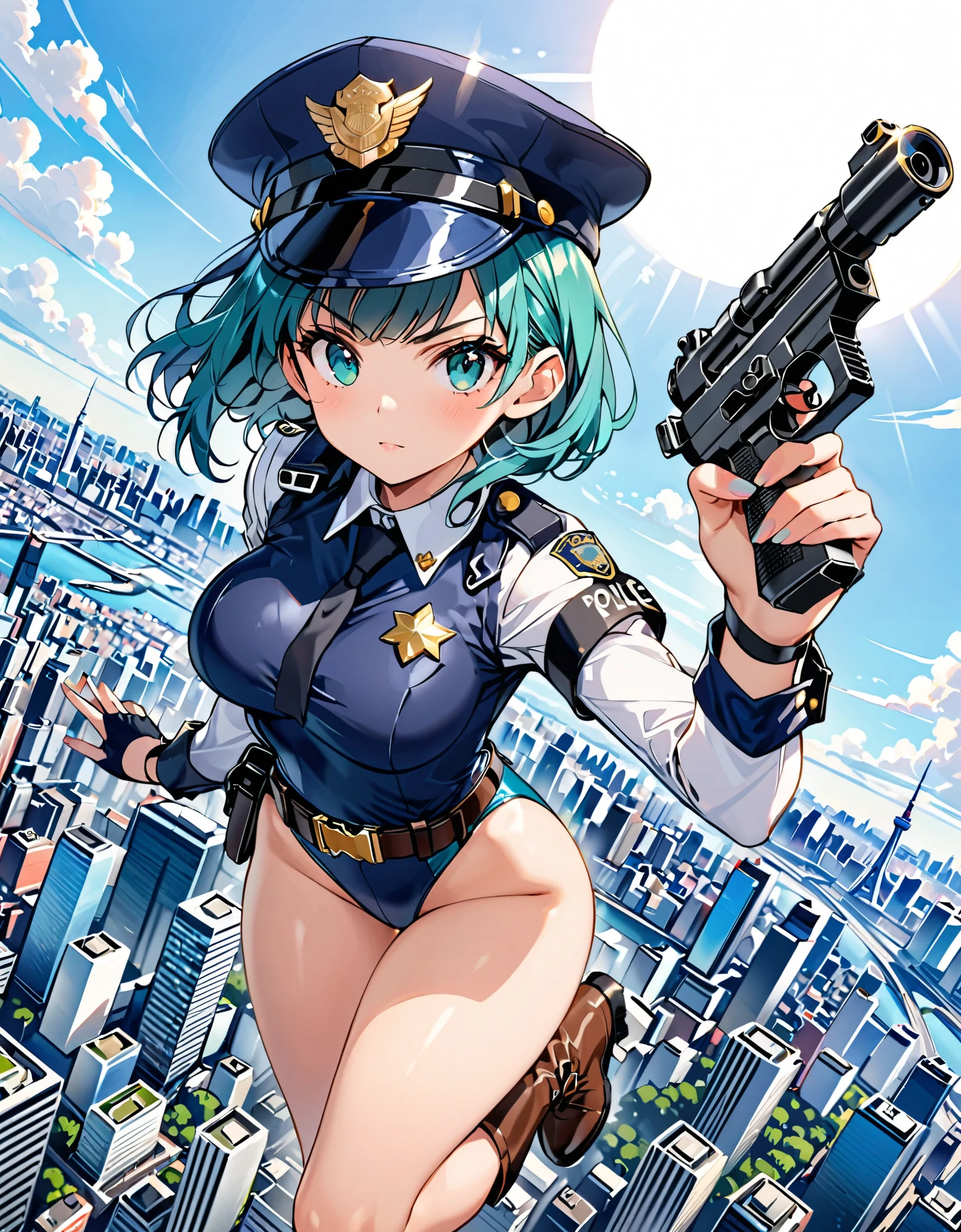 (masterpiece), (best quality), (high res),1girl, tall body, teal hair, medium hair, long bangs, green eyes, beautiful detailed eyes, beautiful detailed face, cute face, perfect hands, complete fingers, perfect anatomy, perfect proportions, ((hat, dark blue police hat)), ((leotard, matching leotard, bare legs)), ((boots, matching boots)), breasts, medium breasts, fingerless gloves, (full body portrait), solo, solo focus, dynamic flying pose, flying over the city, she is flying over the skies, serious expression, looking away, police uniform, tokyo skyline backdrop, outdoors, daytime (high waisted belt, tight belt), (armbands, long white sleeves), using a Blastech DL-44 Heavy Blaster Pistol, full body costume design, dutch angle, sfw