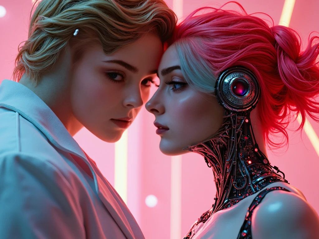 A beautiful, long-haired white cyborg woman and a handsome, short-haired white cyborg man stand together in a laboratory, looking at a love machine with a giant chained heart.