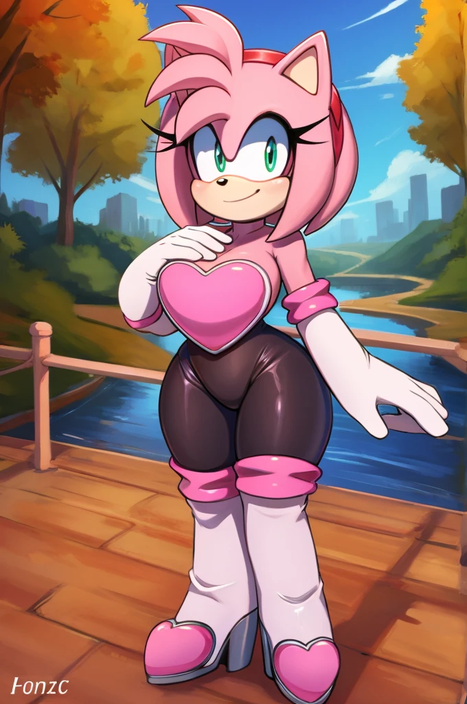 Score_9, score_8_up, 2D, flat color, looking at viewer, (1girl), (solo), very detailed, extremely detailed, Amy Rose from the sonic the hedgehog series, portrait, smile, looking at viewers, hair down, hair bangs, large bust, milf, Rouge cosplay, cosplay, Rouge outfit, she wears a black skin-tight and strapless low-cut jumpsuit, a pink heart-shaped chest plate outlined with thin white trim, elbow-length white gloves and thigh-high high-heeled boots with pink cuffs to match them, with the latter featuring both gray soles and heels, along with steel toes in the appearance of pink hearts, matching her jumpsuit's chest plate, standing on a bridge in the autumn forest with a Canal. blue skies, 