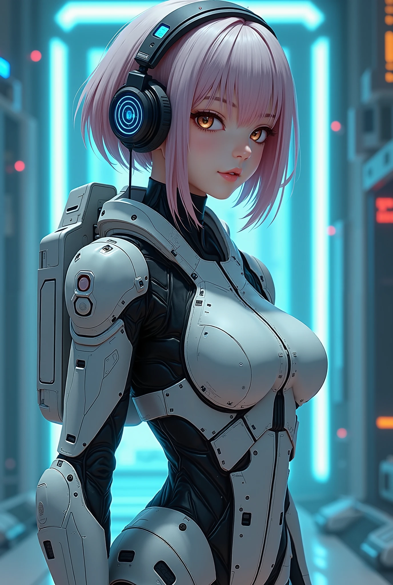 <lora:mecha_girl:0.65>, (mecha girl), best quality, masterpiece, illustration, realistic, photo-realistic, amazing, finely detail, incredibly absurdres, huge filesize, ultra-detailed, highres, extremely detailed CG unity 8k wallpaper, ray tracing, close-up, nsfw, A cute young Korean girl with a stylish pink bob cut hair blowing in the wind. She has bright pink cybernetic eyes. She wears a minimalist white bodysuit, with a zipper pulled down to expose her cleavage decorated with glowing pink circuit lines. She sits on a sleek pink heavy motorcycle, her arms and legs emanating white and pink glows. Beside her is a futuristic mecha suit radiating light. She embodies femininity, style and technological power.