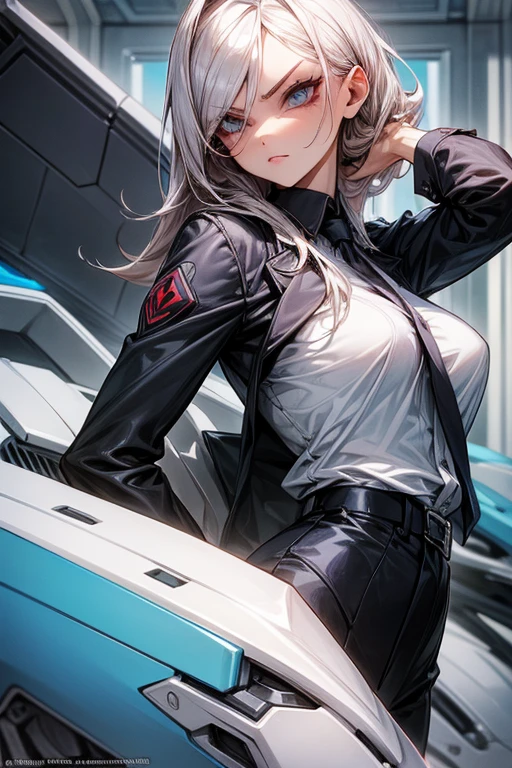 （（（highest quality、first-clasasterpiece、Normal body、8k、Detailed face、Ultra-precision、Normal hand、Normal finger、５Finger、）））Brightly colored hair、Silver Hair、Shortcuts、A tight, revealing pilot suit、Thin leotard pilot suit、See-through high-cut pilot suit、Change of clothes、Starts taking off pilot suit、Lower the front zipper of the pilot suit、Grab the zipper on your chest、Showing off、White pants、White bra、Postures that emphasize the chest、Salute and unzip your zipper、Nipples勃起、Nipples、Blushing and shyly opening the front zipper、Even though I&#39;m embarrassed and trembling, I can&#39;t resist orders.、tears目、tears、Crying face、Embarrassed and crying、Standing still