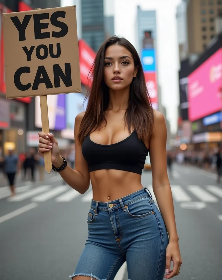 Ultra-detailed, high-resolution image of a beautiful girl, with feminine curves, wearing casual clothes, jeans hot pants. she holds a sign in the air where is written "YES YOU CAN" her curves elegantly visible. Her outfit combines urban edge with a subtle sensuality, creating a modern, confident look. She has a captivating expression, with soft, alluring eyes and a natural beauty that shines through. She stands in the trafic in front of the times square, it has to look fresh, with a relaxed, casual vibe and realistic lighting, capturing her effortless style and presence.