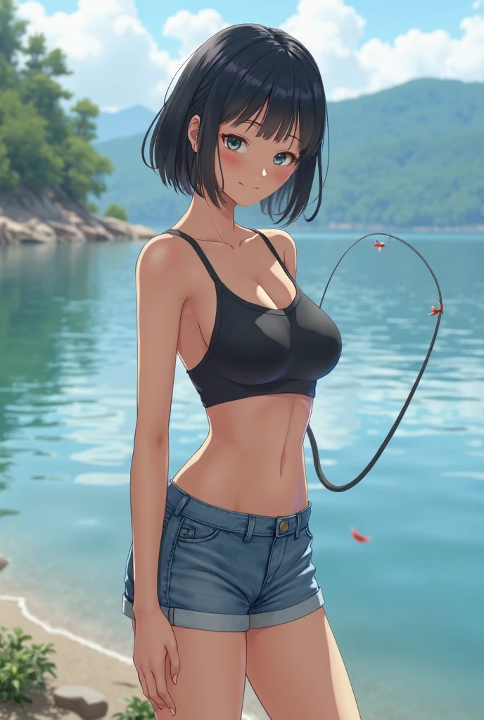 High detailed, 4k quality, stunning 23 years old female, short hair, random hairstyle, necklace and piercing, wearing Erotic Kayaking: Quick-dry shirt, swim trunks or shorts, water shoes, and a life vest, perfect breast, long cleavage, curvy body, playful expression, street background