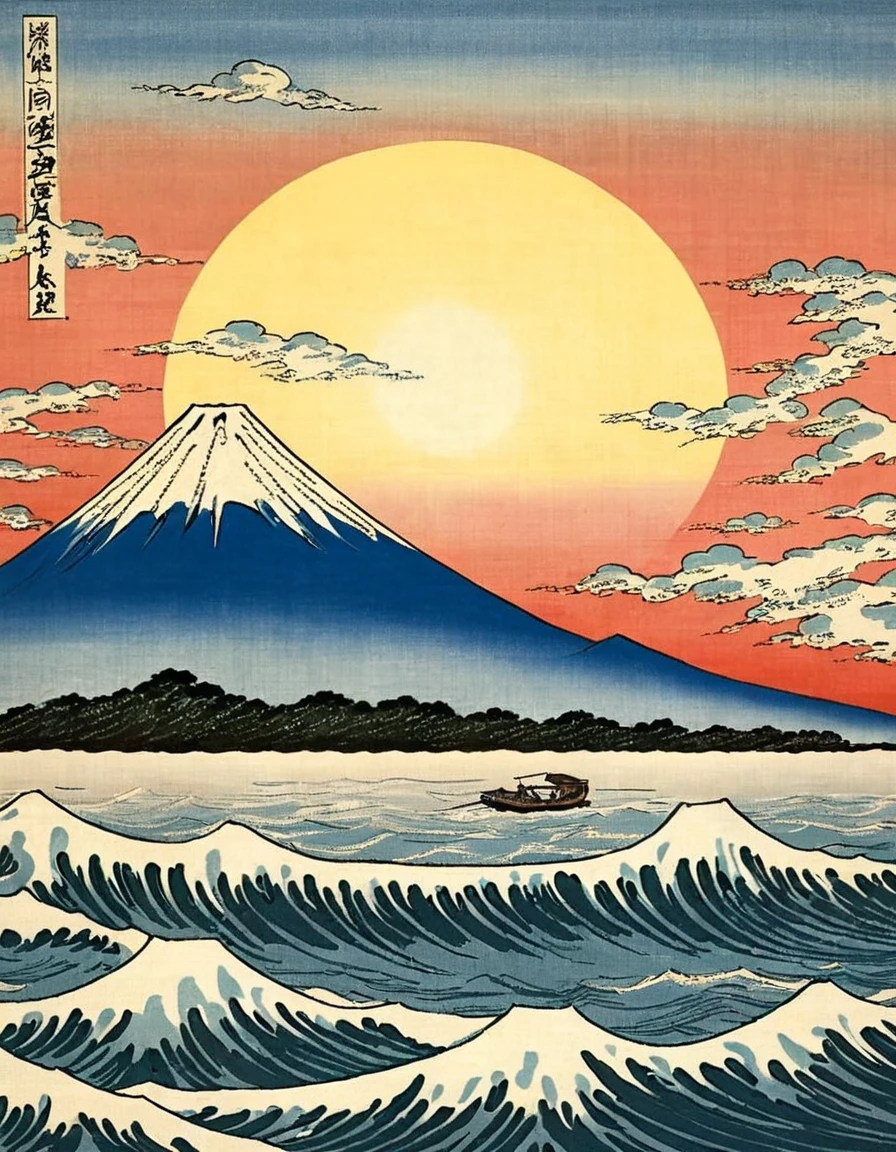  Japanese Ukiyo-e Print Posters from the 1930s、Mount Fuji、The sunrise rising from behind 、Sunrise、 The ocean spreading at the foot of the mountain、 Katsushika Hokusai's Paintings: Waves of Waves 