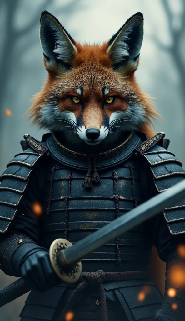 The fox samurai is extremely close to the camera, its head and part of its body filling almost the entire scene. Its fierce, astute eyes, full of determination, are fixed ahead, with the katana in a position that looks ready to strike at any moment. Its samurai armor, made of dark metal plates and leather, glimmers with a faint golden light, dramatically reflecting the surroundings. The background is complete darkness, with only thick fog surrounding it, creating a sense of mystery and impending tension. The sky is heavy and overcast, and the weak light piercing through the clouds highlights the fox's imposing presence, as if it's about to spring into action. Front view, body fully turned to the camera.