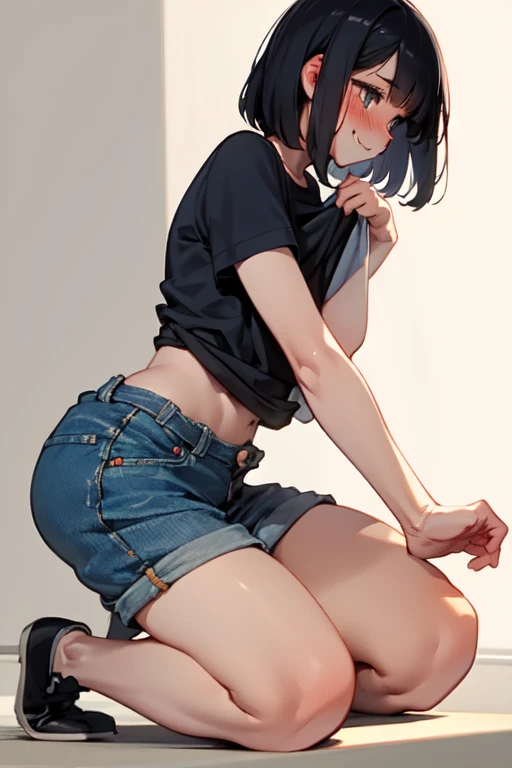 (masterpiece), best quality, expressive eyes, perfect face,girl , full blush, teasing smile, black hair,t shirt, ( shirt lift), gigantic hip,denim short pants,side view, standing,(Kneeling),