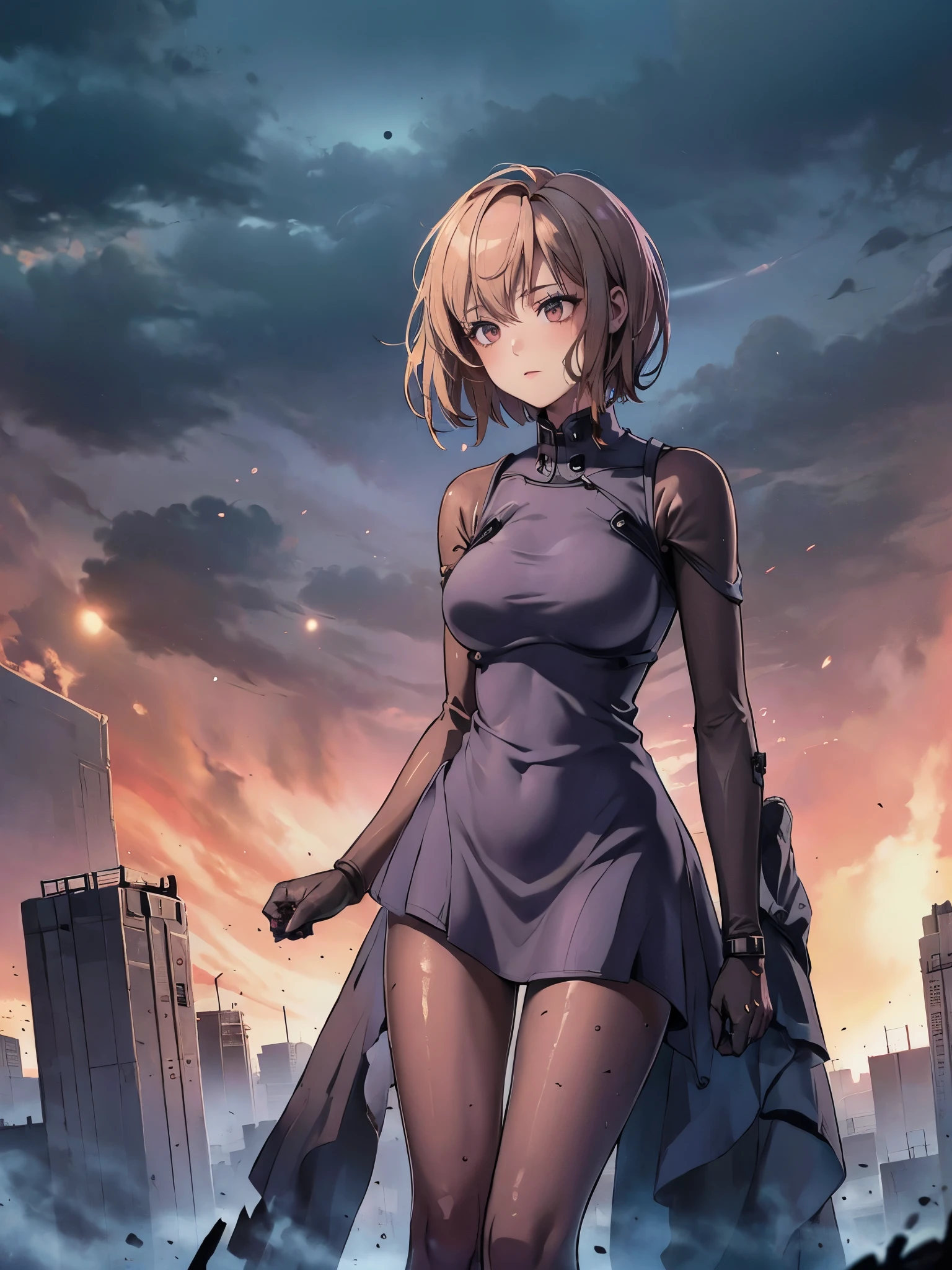 Woman sitting、A picture of a woman from her legs to her head 、Rusted handrails 、The woman has a night view of the city in the background 、Spectacular night sky、Wide sky、cityscape,　 pink short hair、 is wearing a white mini dress、Monokini is wet and transparent、 wet body,、 is sweating、 glowing skin、 chubby man 、 low angle、 detailed face 、 woman on top of a skyscraper looking at the night view of the city 、 Lighting from Behind the Subject 、Night sky with a view of the Milky Way 、Big full moon、Beautiful moonlight、 Spectacular clouds illuminated by the moon 、The background feels deep 、 Machine and Rust Details 、 ultra-wide-angle lens that gives off a sense of destruction、 woman in black pantyhose、Equipped with a mechanical mechanism、Clockwork mechanism、Gear mechanism 、 dieselpunk 、Clockpunk、 dystopian cityscape、Abandoned Buildings 、Catastrophe 、 ruined city、
