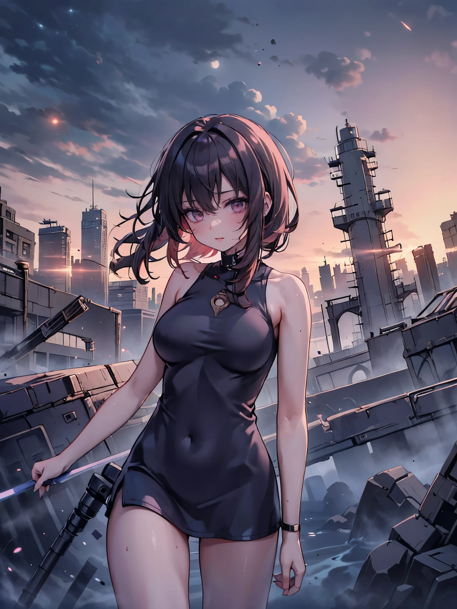 Woman sitting、A picture of a woman from her legs to her head 、Rusted handrails 、The woman has a night view of the city in the background 、Spectacular night sky、Wide sky、cityscape,　 pink short hair、 is wearing a white mini dress、Monokini is wet and transparent、 wet body,、 is sweating、 glowing skin、 chubby man 、 low angle、 detailed face 、 woman on top of a skyscraper looking at the night view of the city 、 Lighting from Behind the Subject 、Night sky with a view of the Milky Way 、Big full moon、Beautiful moonlight、 Spectacular clouds illuminated by the moon 、The background feels deep 、 Machine and Rust Details 、 ultra-wide-angle lens that gives off a sense of destruction、 woman in black pantyhose、Equipped with a mechanical mechanism、Clockwork mechanism、Gear mechanism 、 dieselpunk 、Clockpunk、 dystopian cityscape、Abandoned Buildings 、Catastrophe 、 ruined city、
