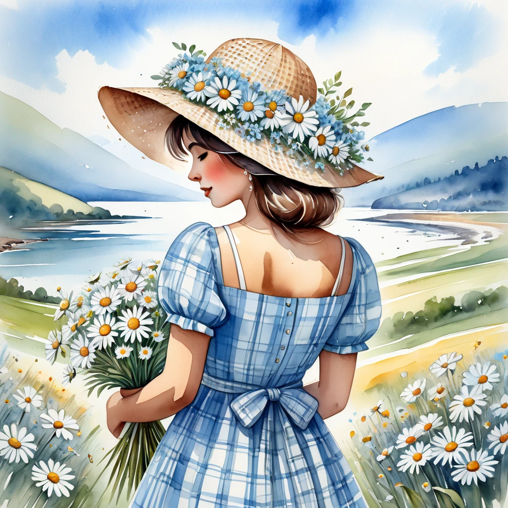 A watercolor illustration of a delicate Brazilian woman seen from behind holding a bouquet of flowers. She is wearing a light blue plaid dress with short sleeves and a bow at the back. The woman is holding a large bouquet of white daisies, which partially covers her face and body. On her head, she wears a wide-brimmed straw hat with a black band. The style of the art is light and soft, conveying a sense of tranquility and connection with nature.