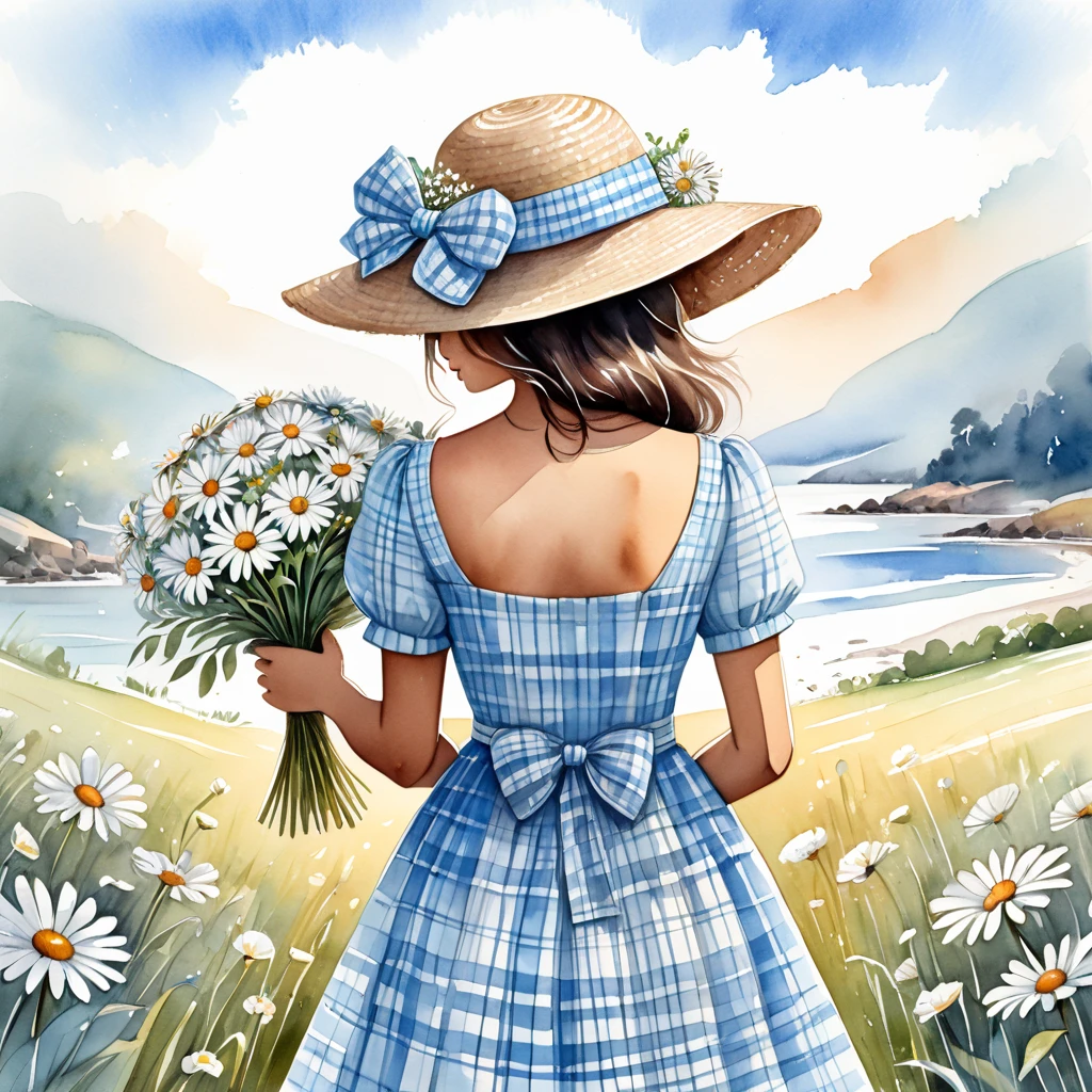  a watercolor illustration of a delicate Brazilian woman seen from behind holding a bouquet of flowers.  She is wearing a light blue plaid dress with short sleeves and a bow on the back . The woman is holding a large bouquet of white daisies ,  that partially covers her face and body . In the head,  she wears a wide-brimmed straw hat with a black stripe .  The art style is light and soft , conveying a sense of tranquility and connection with nature.