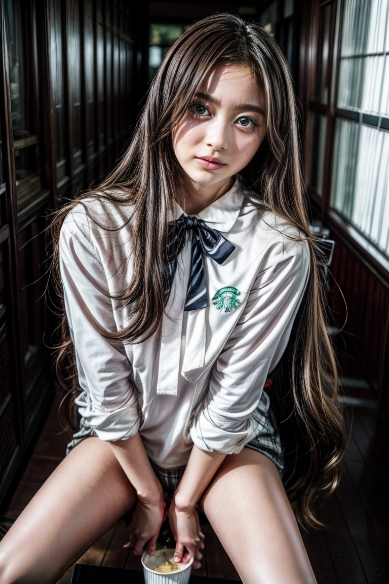 (masterpiece,best quality), (genuine, realistic, photo-realistic),8k,RAW photo, high resolution photograph of a Japanese beautiful girl, solo, 1girl,  a high school student,beautiful face,thin nose,(dark hair,straight long hair:1.2),(high school uniform:1.3), (dynamic pose:1.2), (full body:1.2), from below,looking down, (spread your legs,bow-legged:1.5), (standing:1.3), (pissing in a cup:1.5), Starbucks,bright coffee shop in the city,