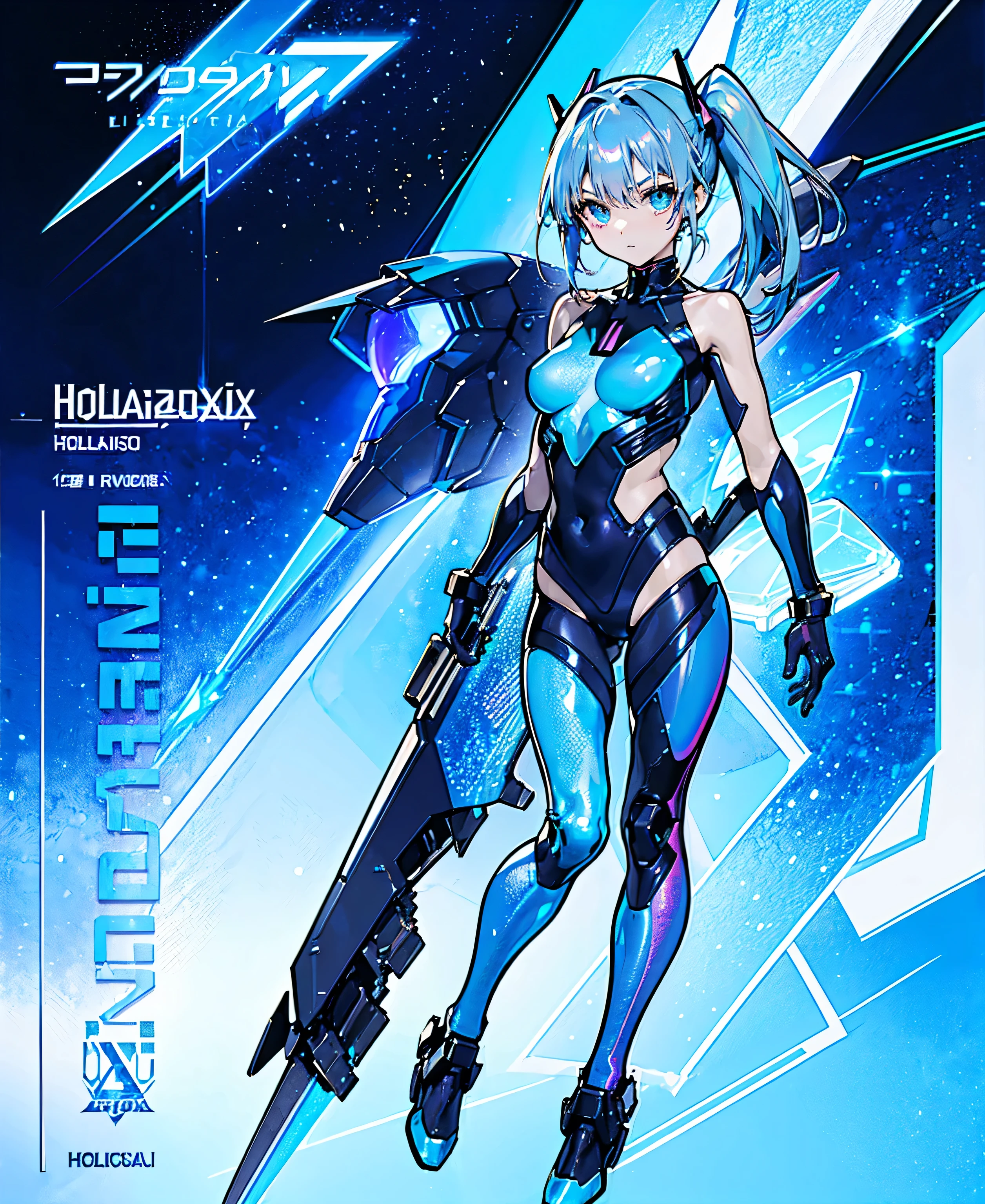 ((Holographic glow effect))、 blue hair 、Masterpiece、 Best Quality、1 person、Medium breast、(( album cover ))、 light on face、 slim body、 blue costume、Exoskeleton、Metal Gear、 cyberpunk style、 ponytails、Gundam Pilot、attention arousal，Ride a fighter jet 、 gloves up to the elbow 